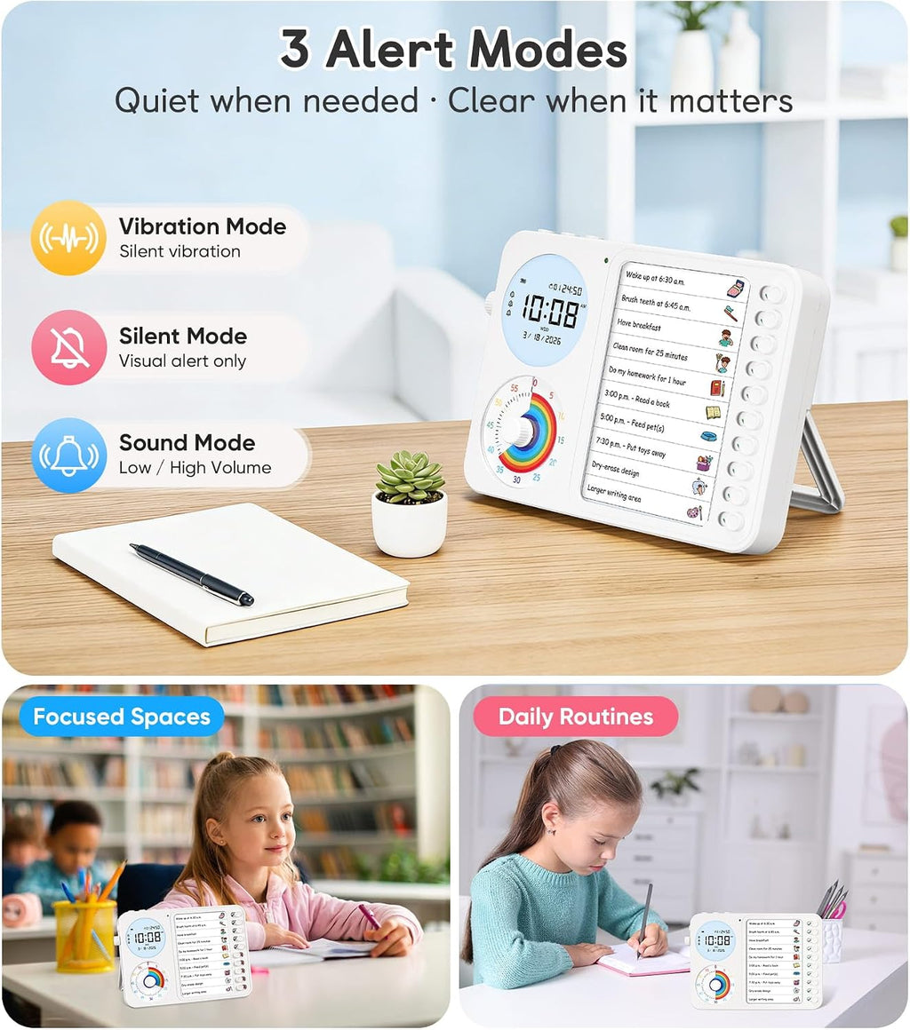 3-in-1 Visual Timer & ADHD Tool for Kids – ADHD Task Timer for Adults with Visual Schedule, Chore Chart & Planning Board for Home, School, Classroom, Work (White)