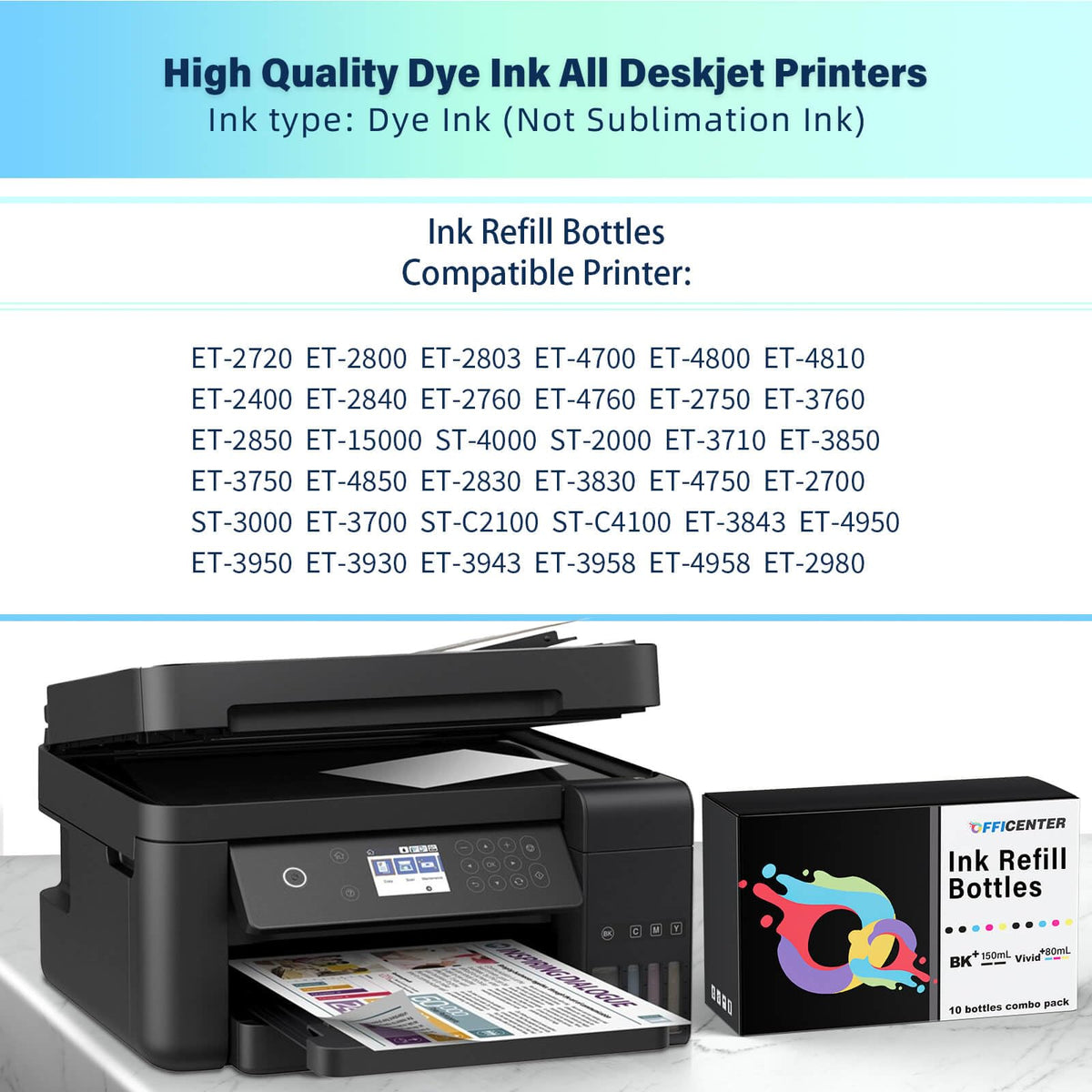 OFFICENTER Compatible Ink Refill Bottles for ET2760 ET-4760 ET2750 ET-3760 ET-2850 ET-15000 ST-4000 ST-2000 ET-3710 ET-3850 ET-3750 ET-4850 ET-3830 ET4750 ET2700 ST3000 ET3700 Printer(2BK C M Y)
