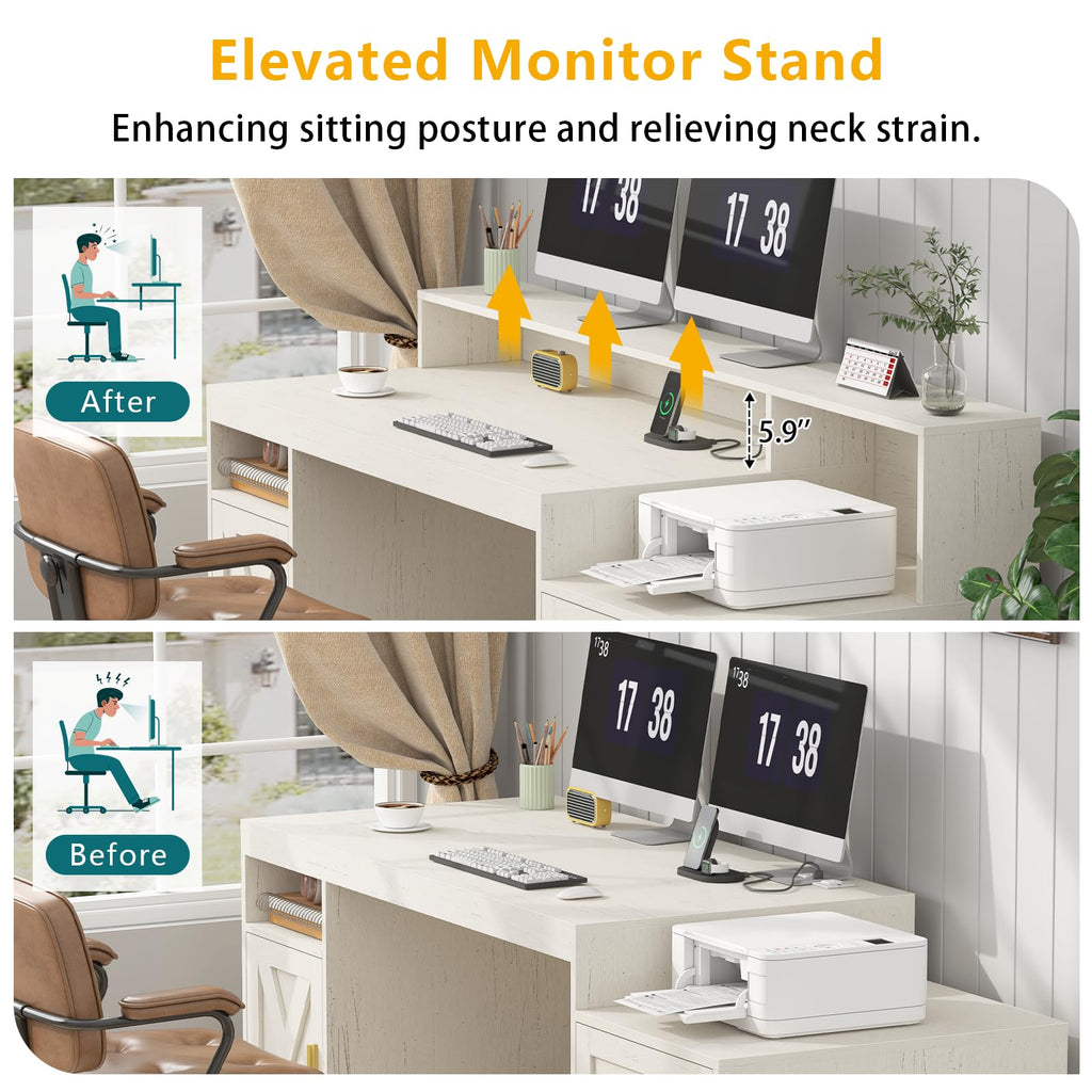 65" Farmhouse Computer Desk with Drawers and Printer Stand for Home Office