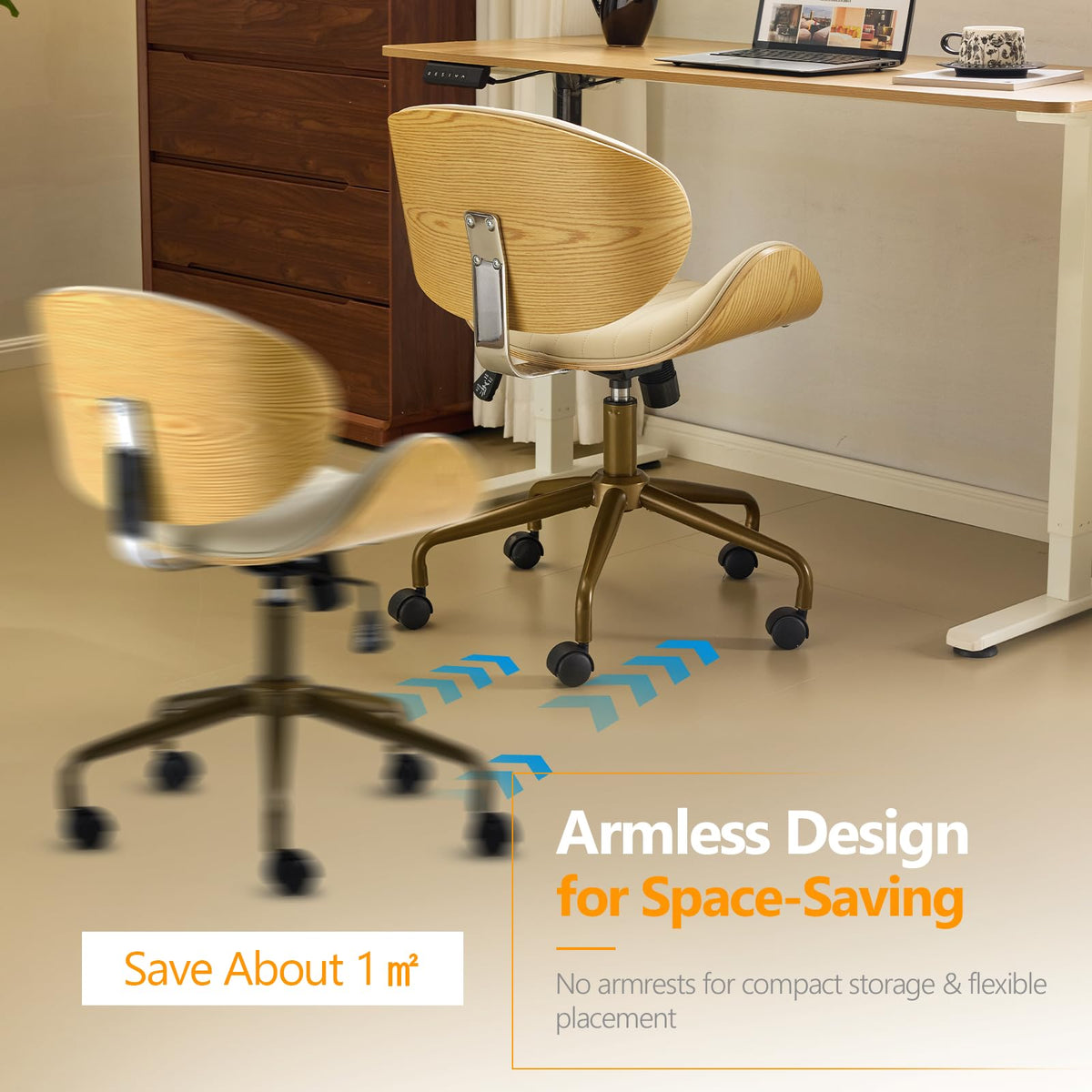 VINGLI Wide Comfotable Swivel Home Office Chair with Wood-Grain Curved Shell,Ergomomic Mid-Back Padded Armless Modern Desk Chair with Wheels,Height Adjustable for Computer,Task,Work,Microfiber,Rustic