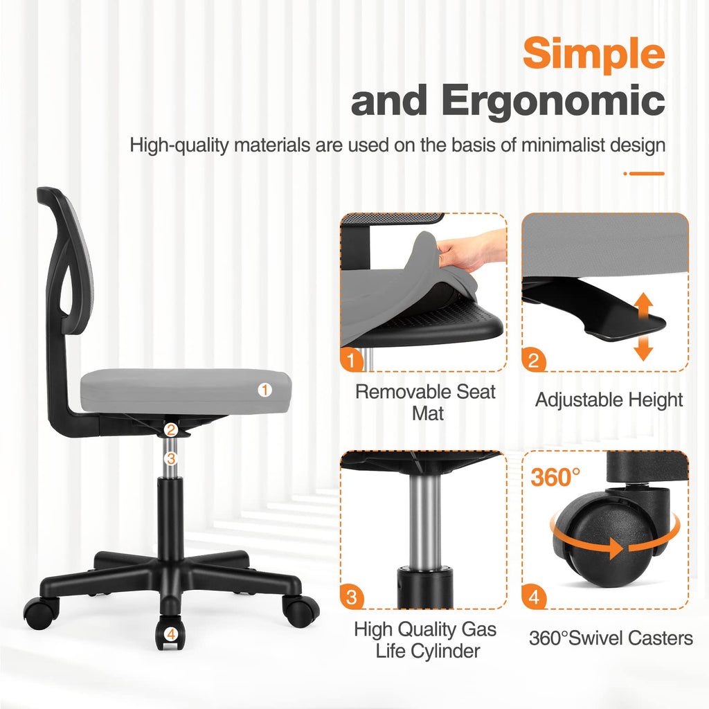 Sweetcrispy Small Armless Desk Chair, Mesh Rolling Office Chairs