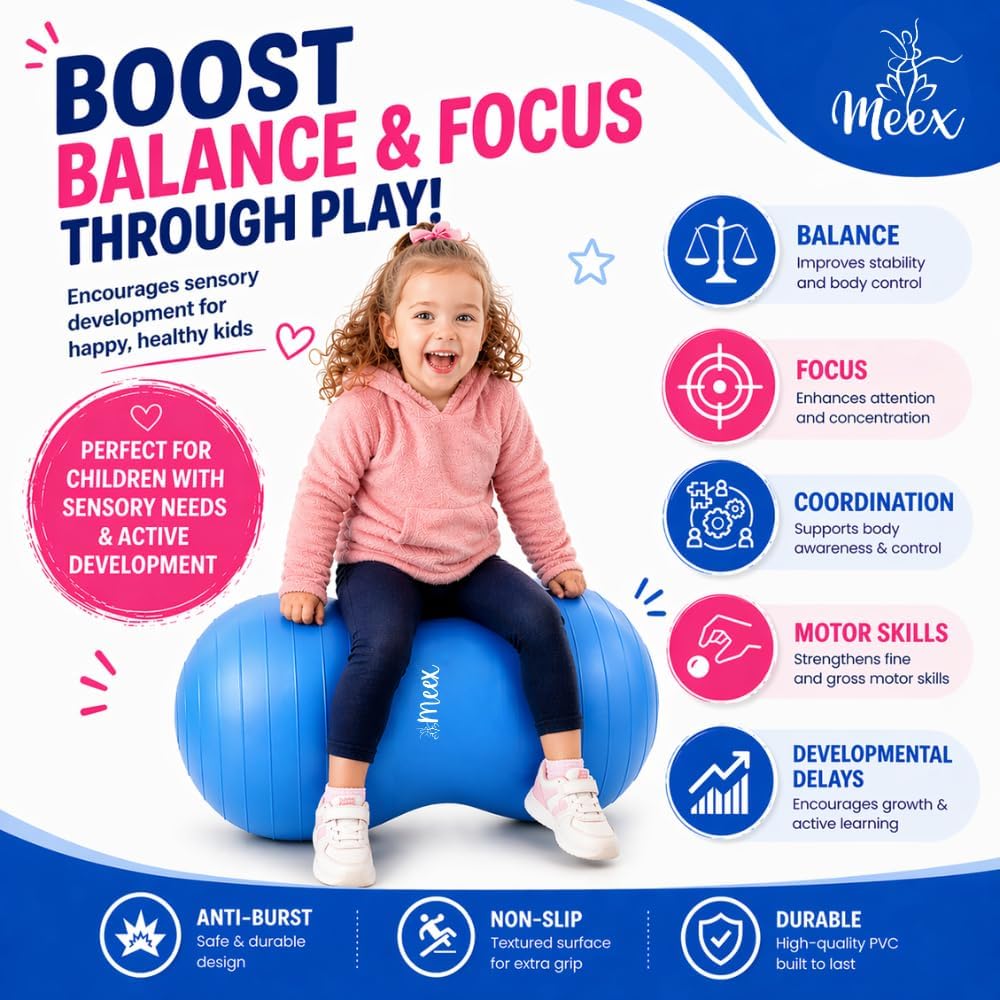Meex Sensory Peanut Ball for Kids Therapy and Exercise - Enhance Balance, Motor Skills and Physical Therapy Calming Development with Our Yoga Ball - Flexible Seating for Autistic Children