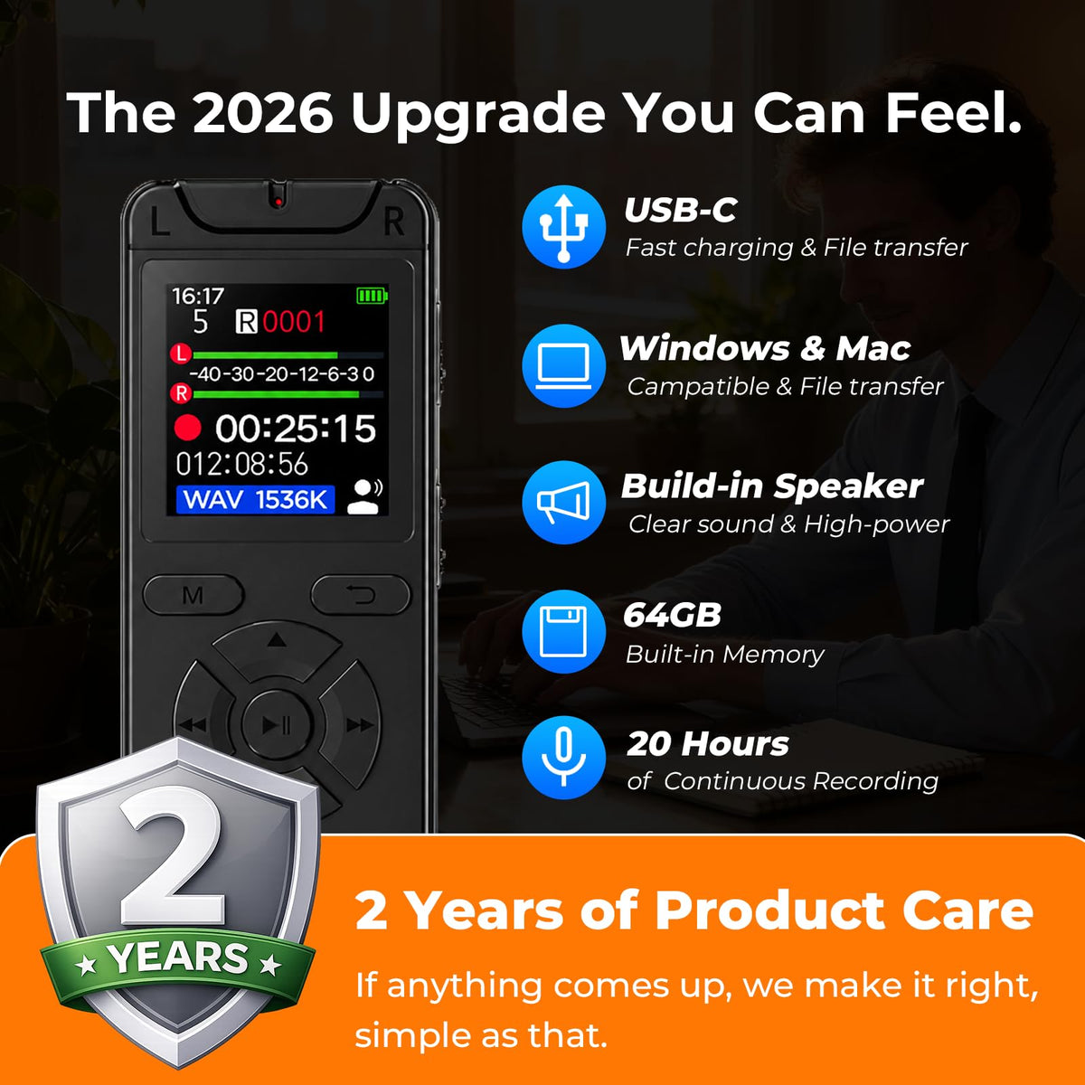 Digital Voice Recorder with Playback, 32GB Built-in Memory Storage