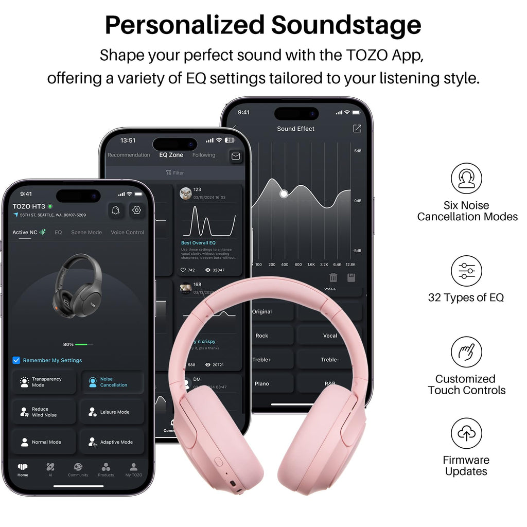 TOZO HT3 Hybrid Noise Cancelling Wireless Headphones, 90H Over Ear Headset