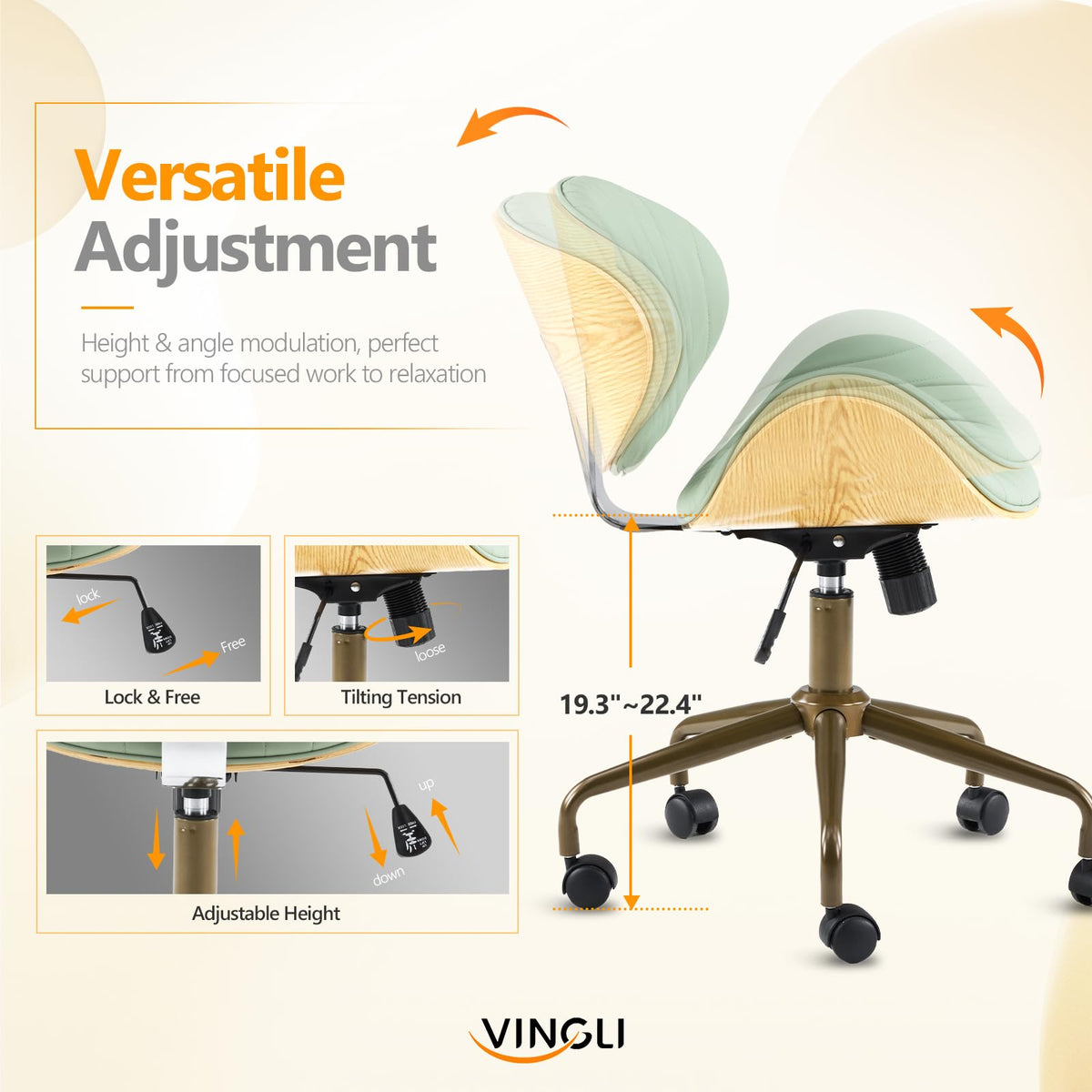 VINGLI Wide Comfotable Swivel Home Office Chair with Wood-Grain Curved Shell,Ergomomic Mid-Back Padded Armless Modern Desk Chair with Wheels,Height Adjustable for Computer,Task,Work,Microfiber,Rustic