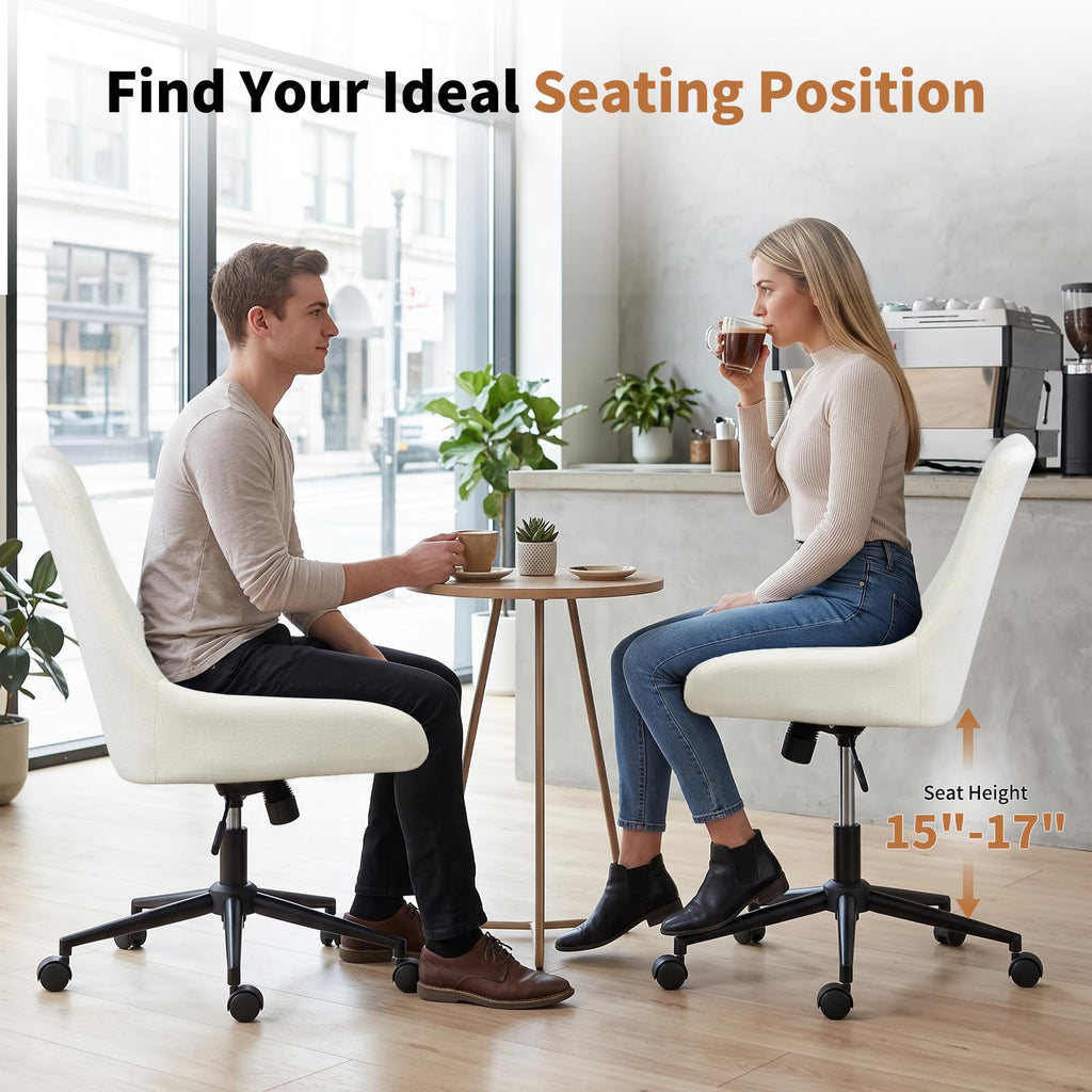 Home Armless Office Desk Chair, Linen Small Computer Chair with Adjustable Height, Removable Cushion, Comfy Rolling 360° Swivel Vanity Task Chair, Blue