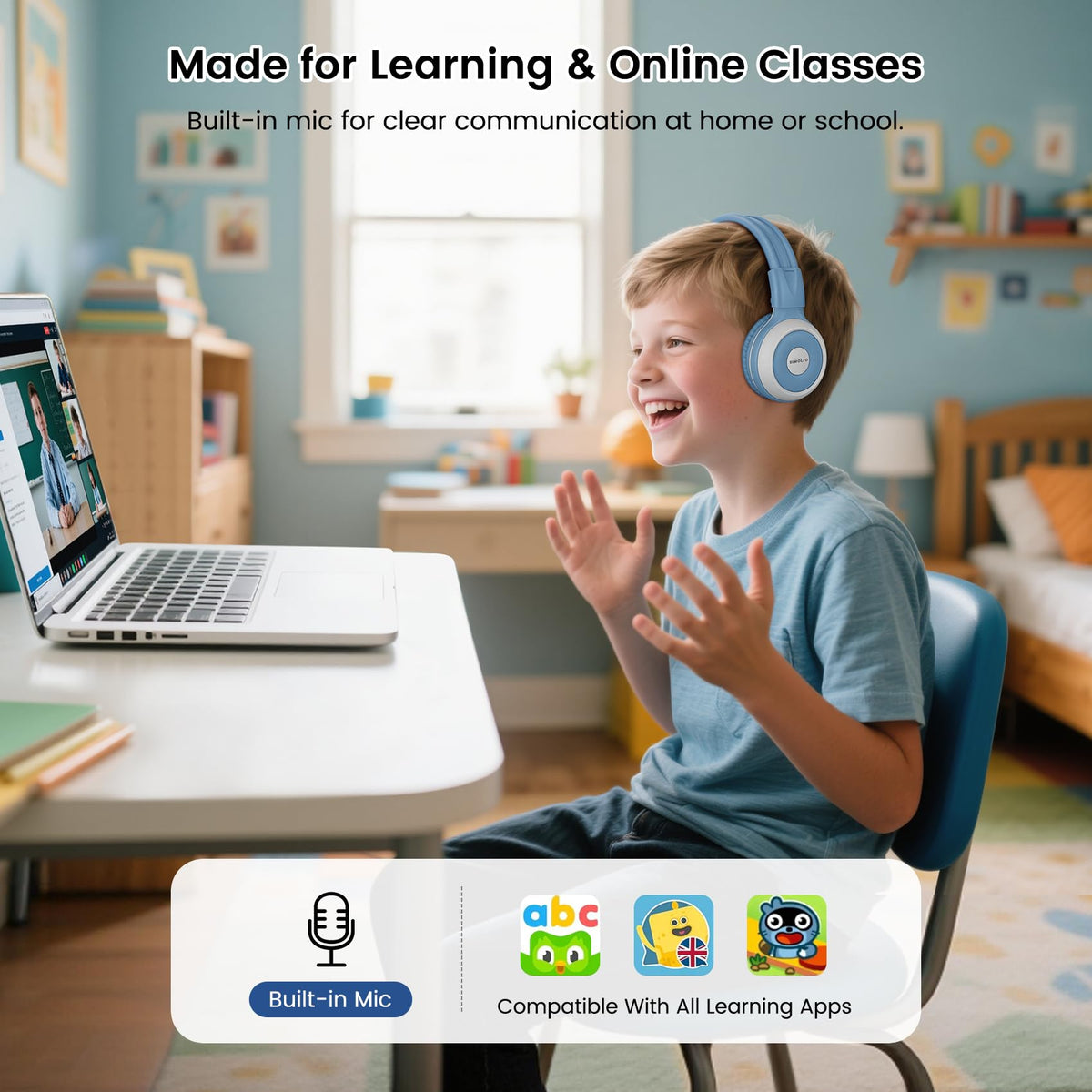 SIMOLIO Kids Wireless Headphones w/Mic for School,75/85/94dB Safe Volume