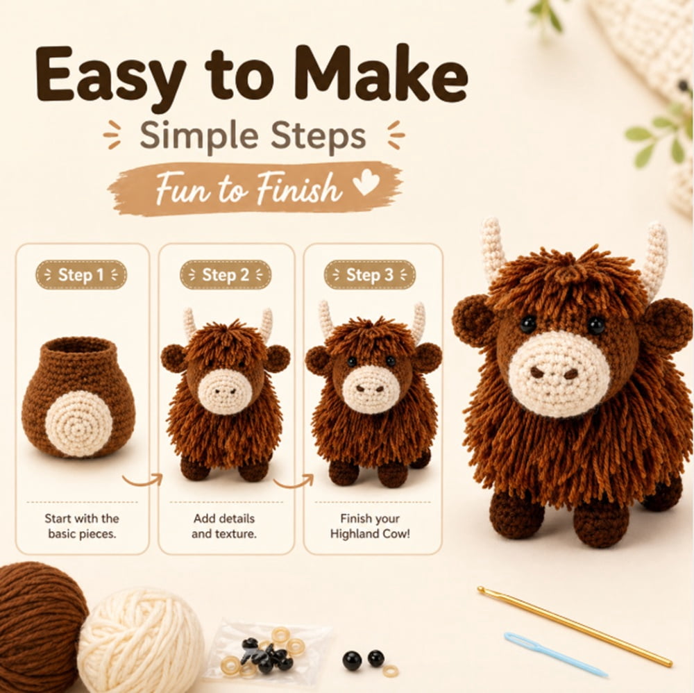Highland Cow Crochet Kit for Beginners, Crochet Animal Starter Kit wit