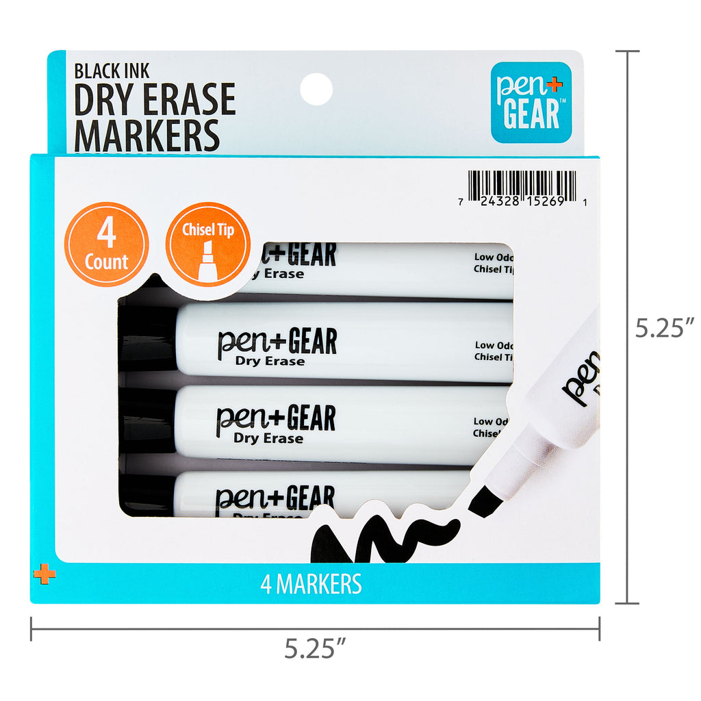 Pen+Gear Dry Erase Markers, Chisel Tip, Black, 4 Count
