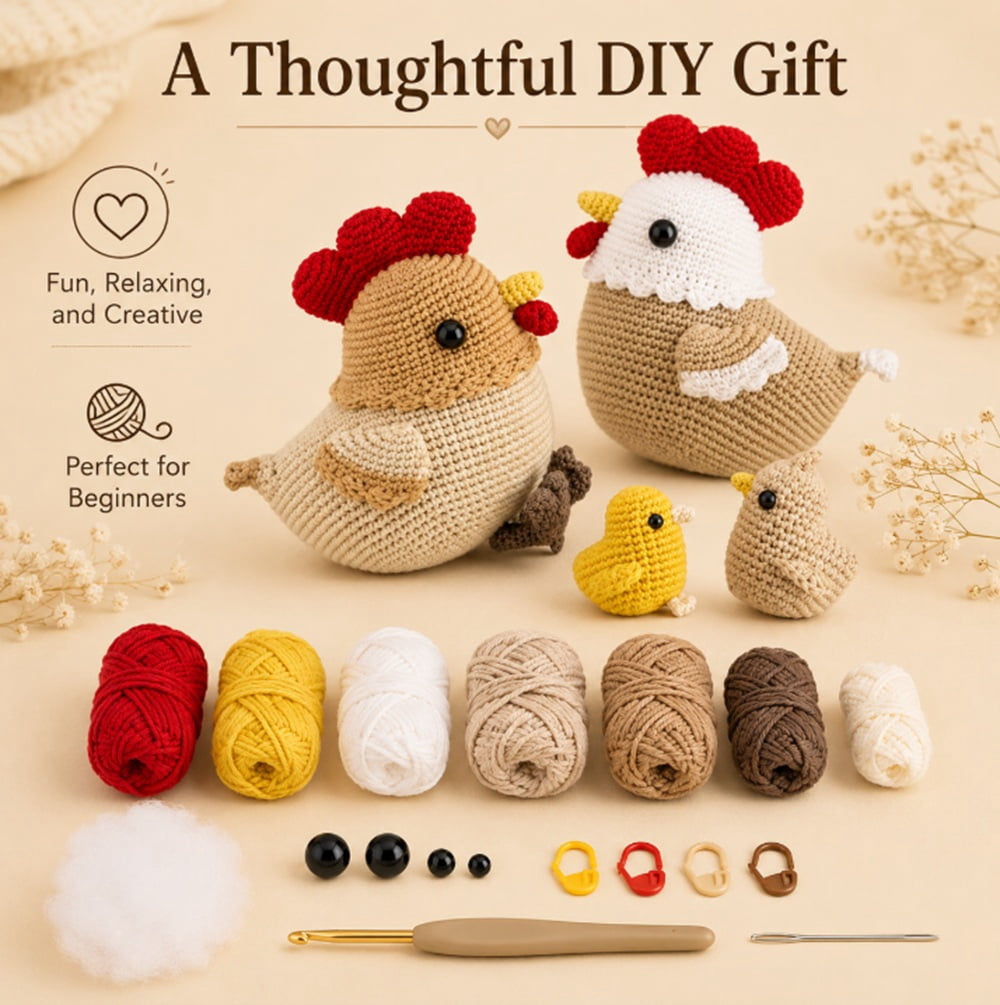 4 Pack Chicken Family Crochet Kit for Beginners, Chicken Amigurumi Sta