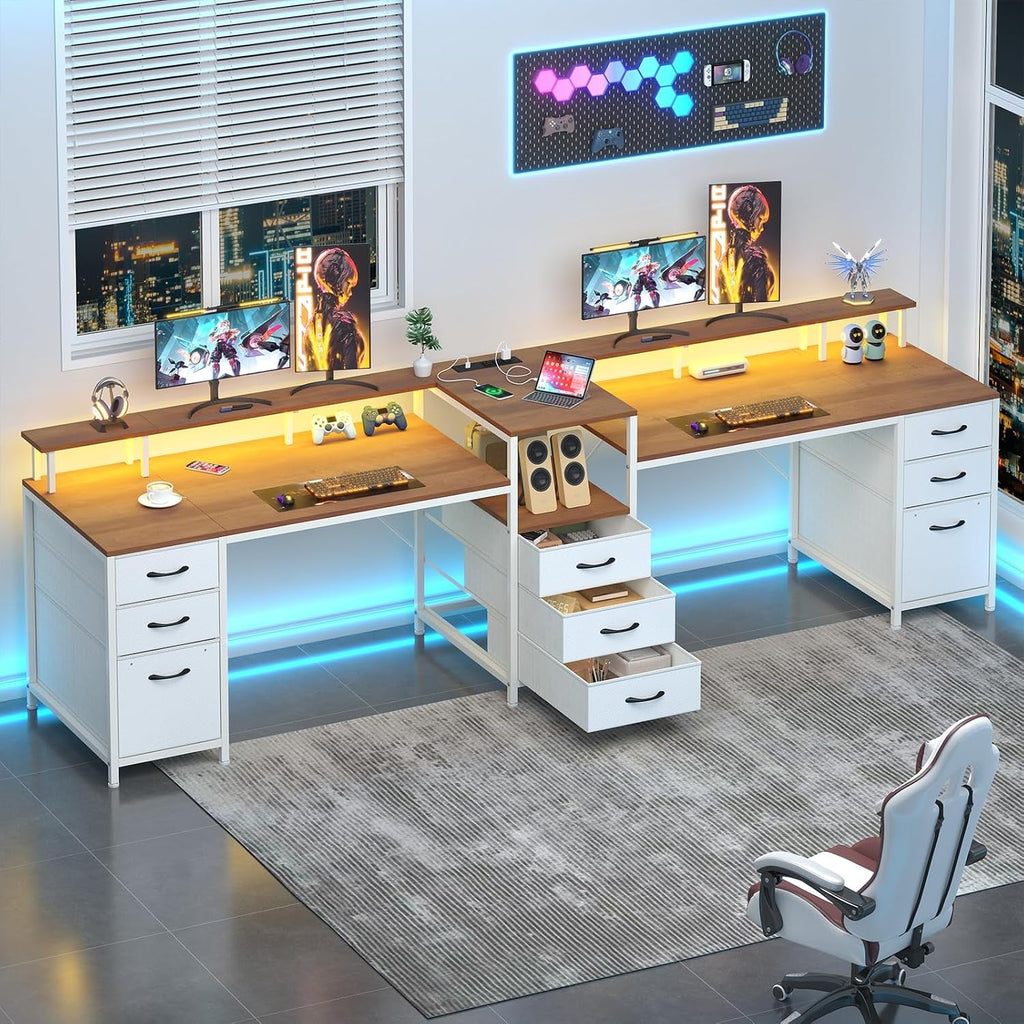 Brown White Two Person Computer Desk Monitor Stand Plus