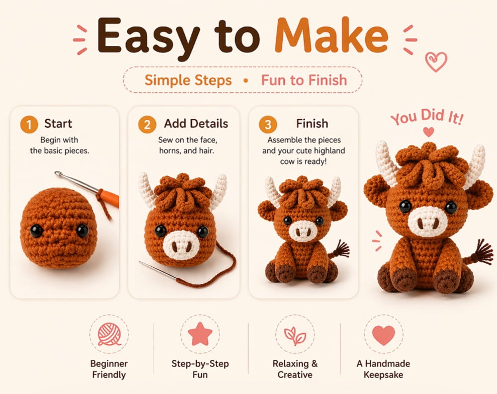2 Pack Highland Cow Crochet Kit for Beginners, Cow Amigurumi Starter S