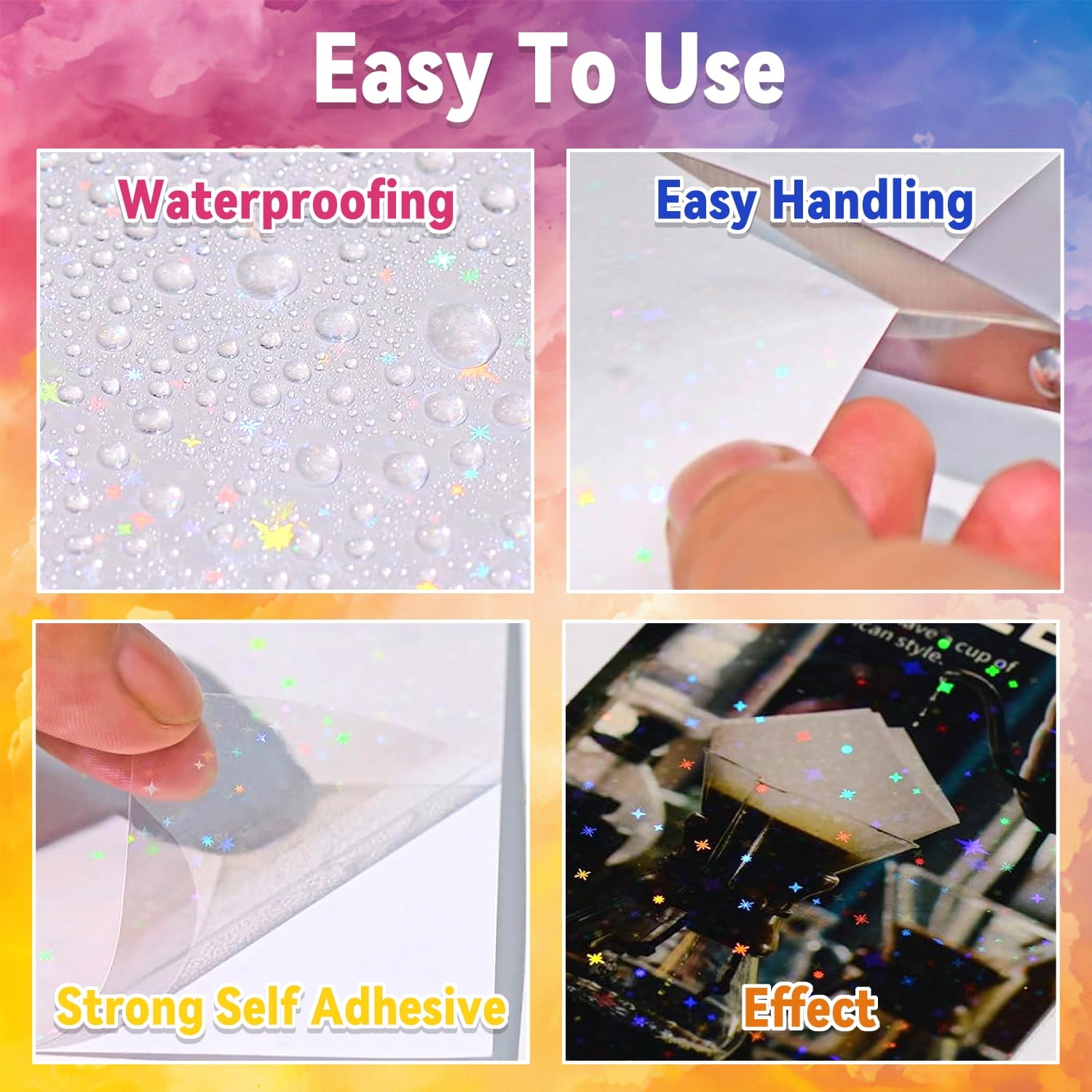 30 Sheets A4 Holographic Sticker Paper, Waterproof Clear Vinyl Laminat