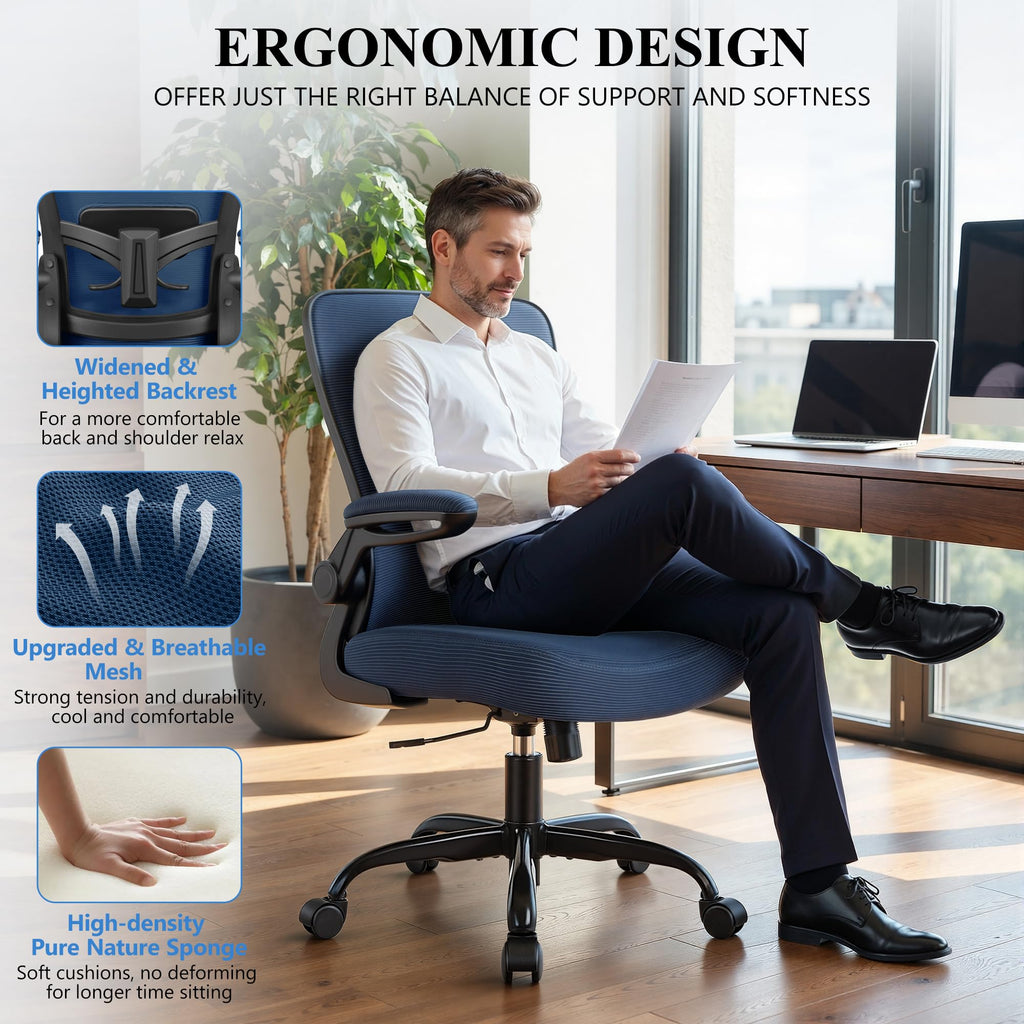 FelixKing Office Chair, Ergonomic Desk Chair Breathable Mesh Chairs Adjustable High Back Lumbar Support Flip-up Armrests, Executive Rolling Swivel Comfy Computer Chairs Home Office Black