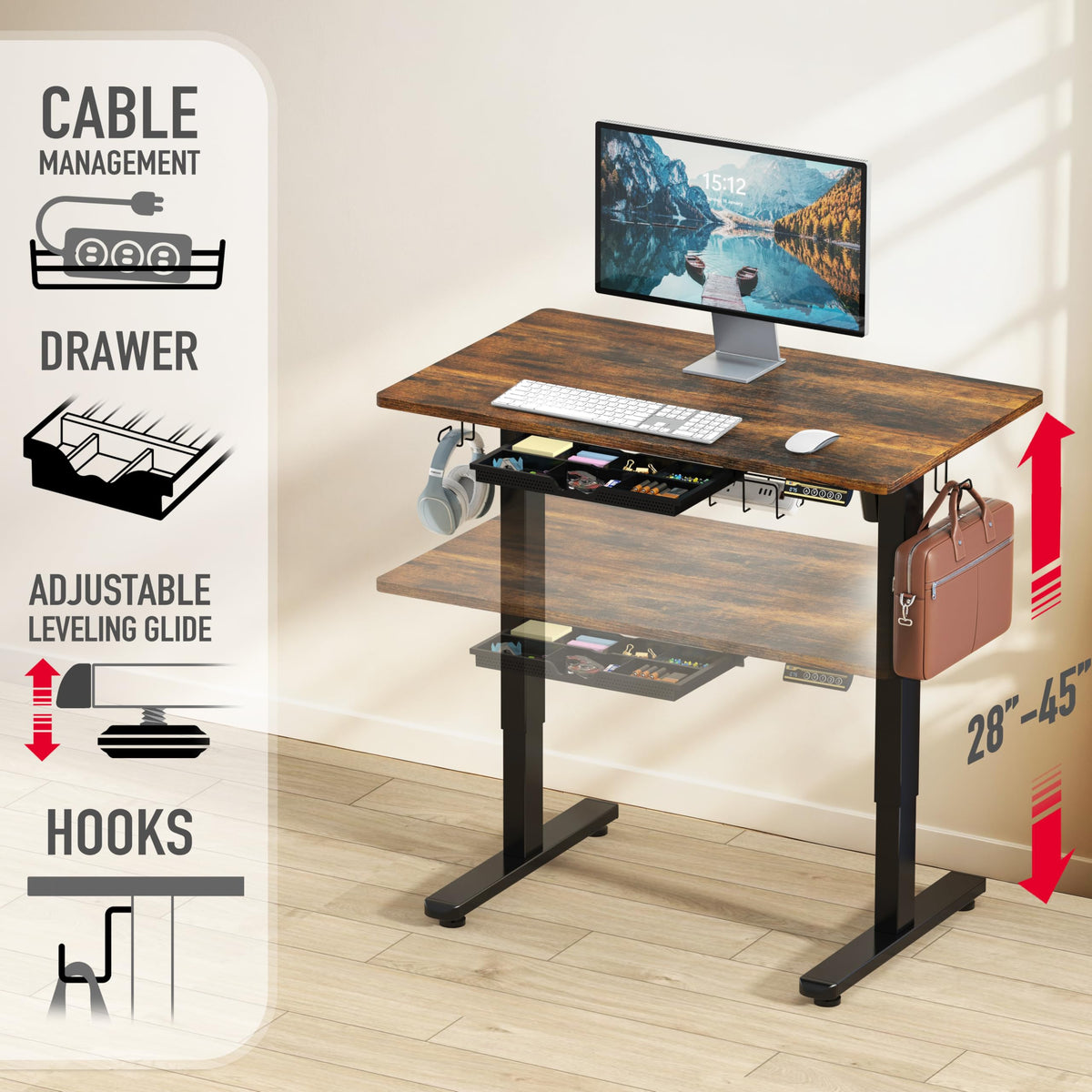 SHW 55 x 28 Electric Height Adjustable Standing Desk w/Drawer, White