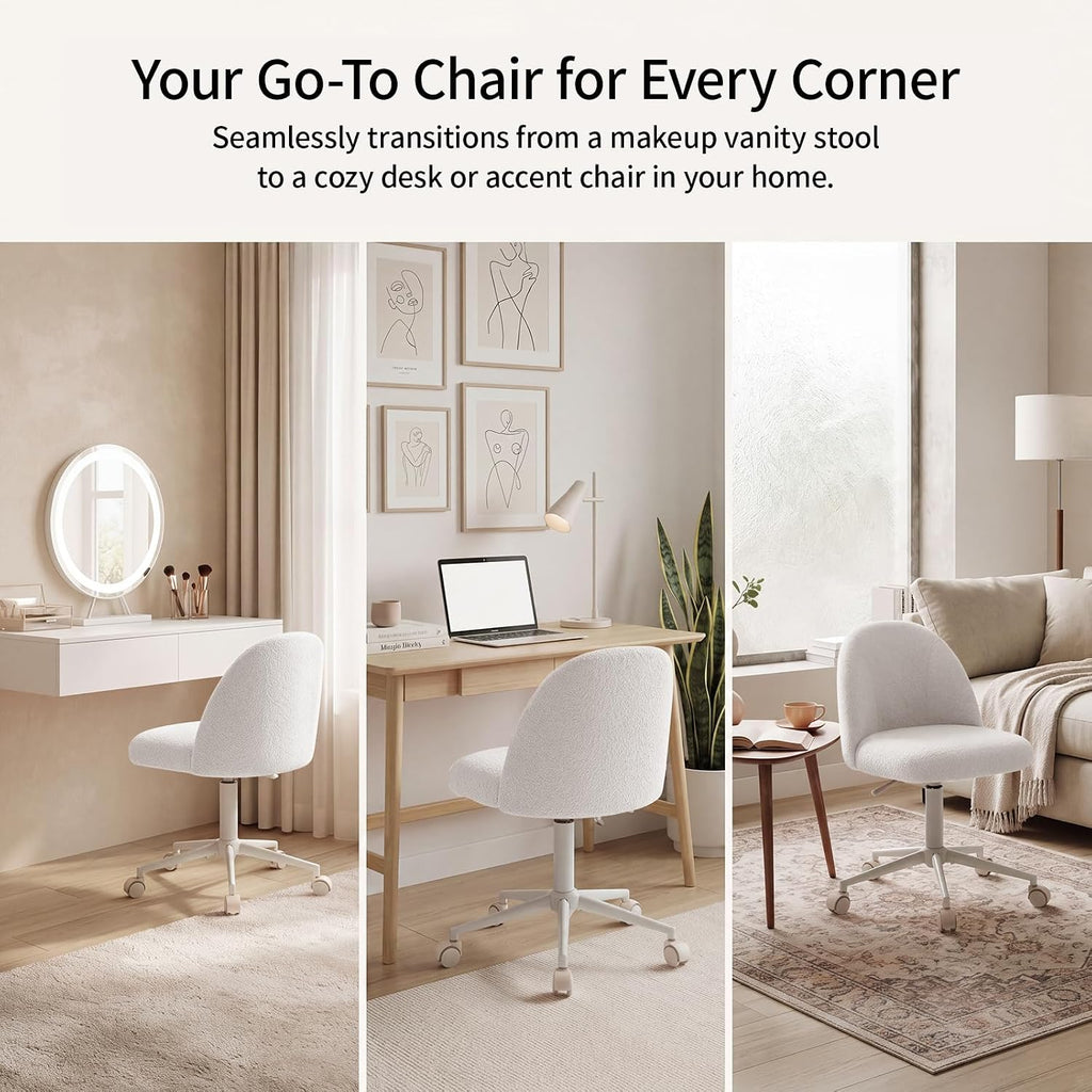 White Vanity Chair with Wheels＆Back, Armless Cute Desk Chair