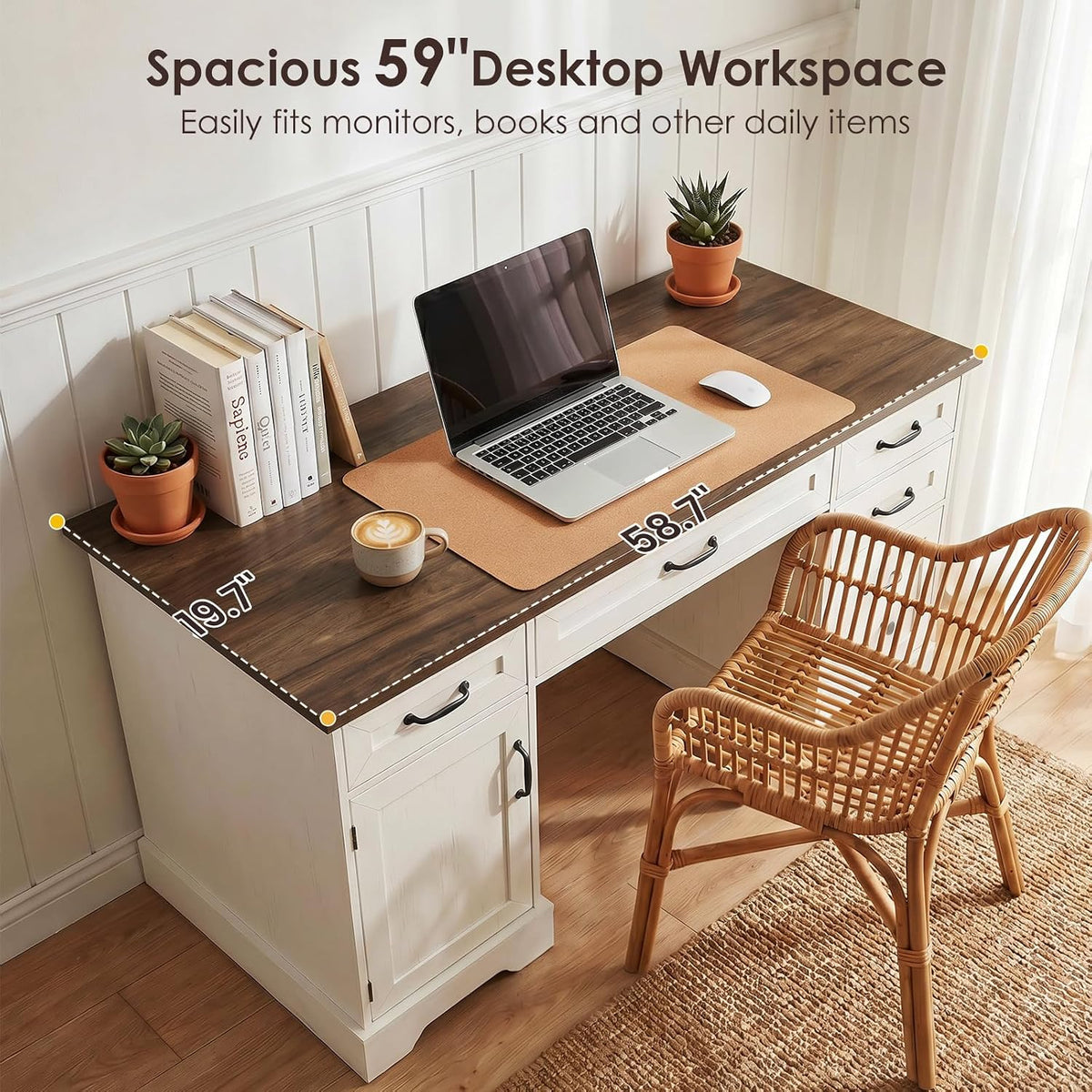 OffiGo Farmhouse 59 Inch Executive Desk with Drawers, Walnut+White