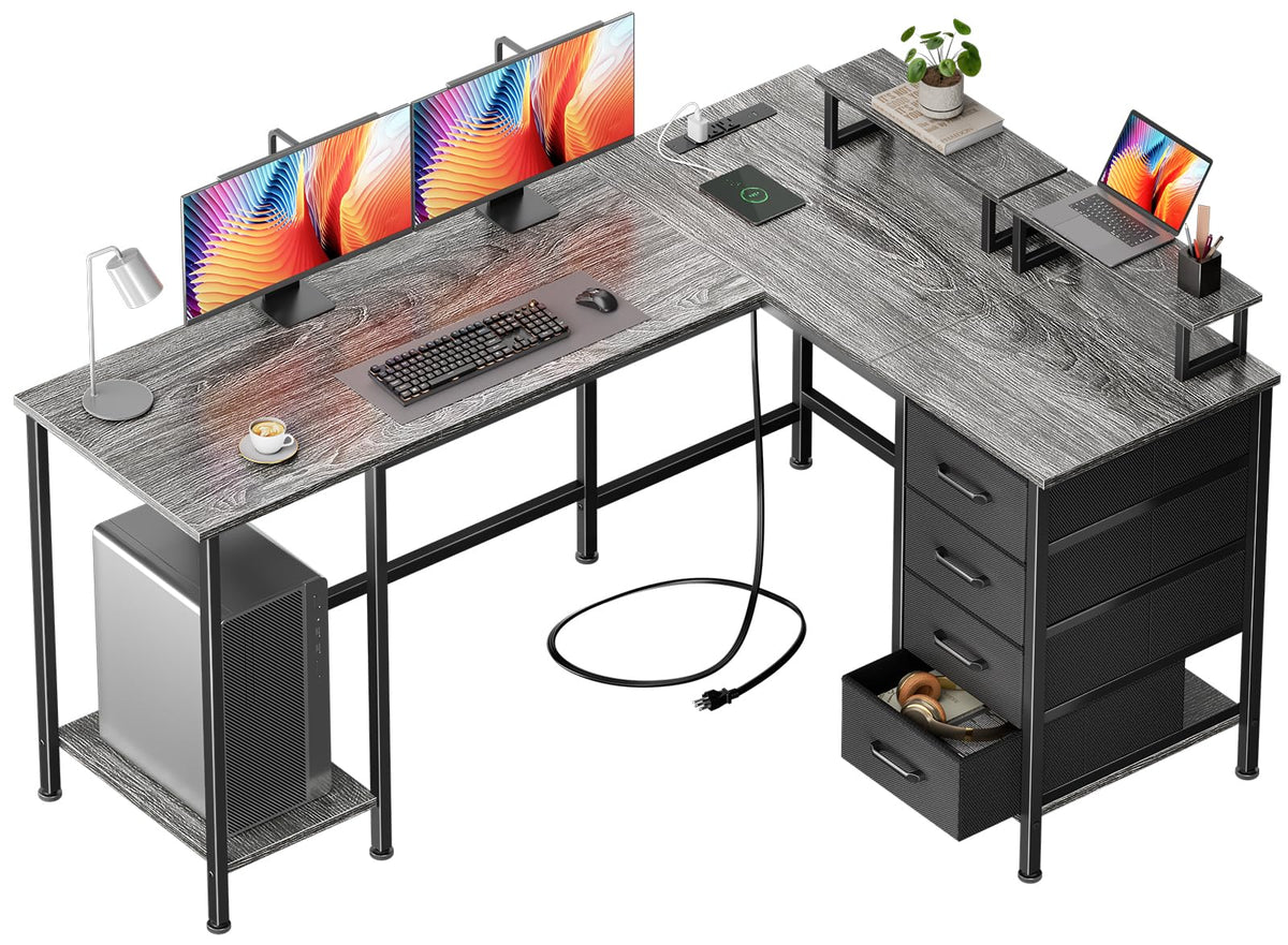 Korfile: 59" L-Shaped Computer Desk with Charging Station & Storage