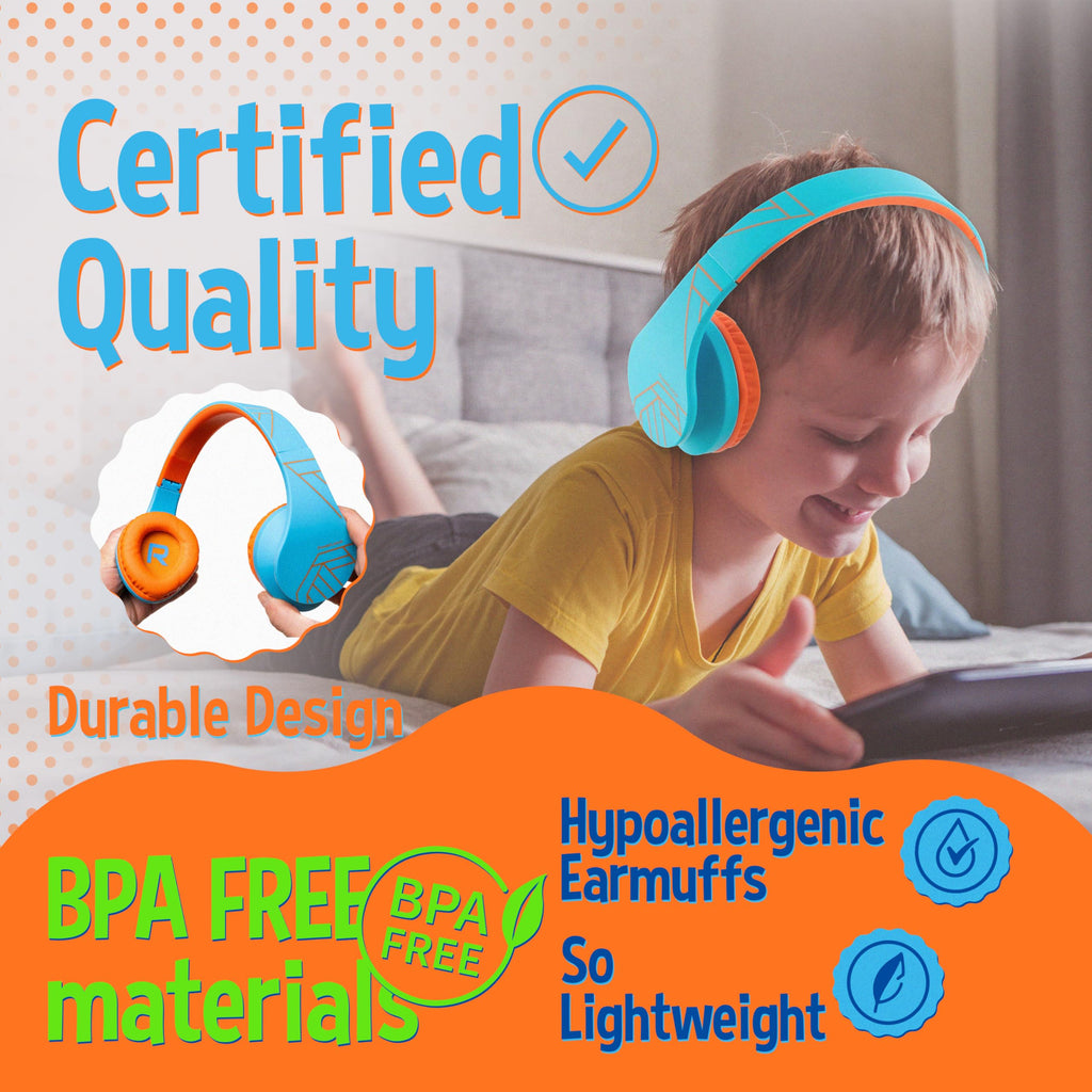PowerLocus Kids Headphones Over-Ear, Bluetooth Wireless Headphones for Kids,with Microphone, Safe 85DB Volume Limited, Foldable with Carry Case, Audio Cable, Micro SD mode for Online Classes,PC,Phones