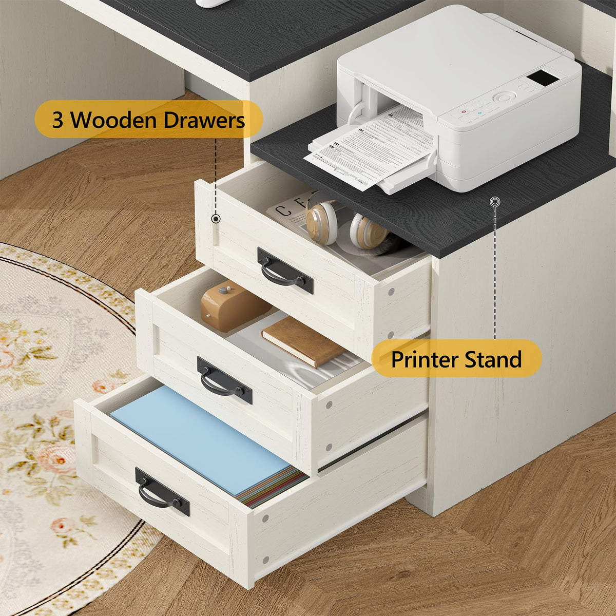 65" Farmhouse Computer Desk with Drawers and Printer Stand for Home Office