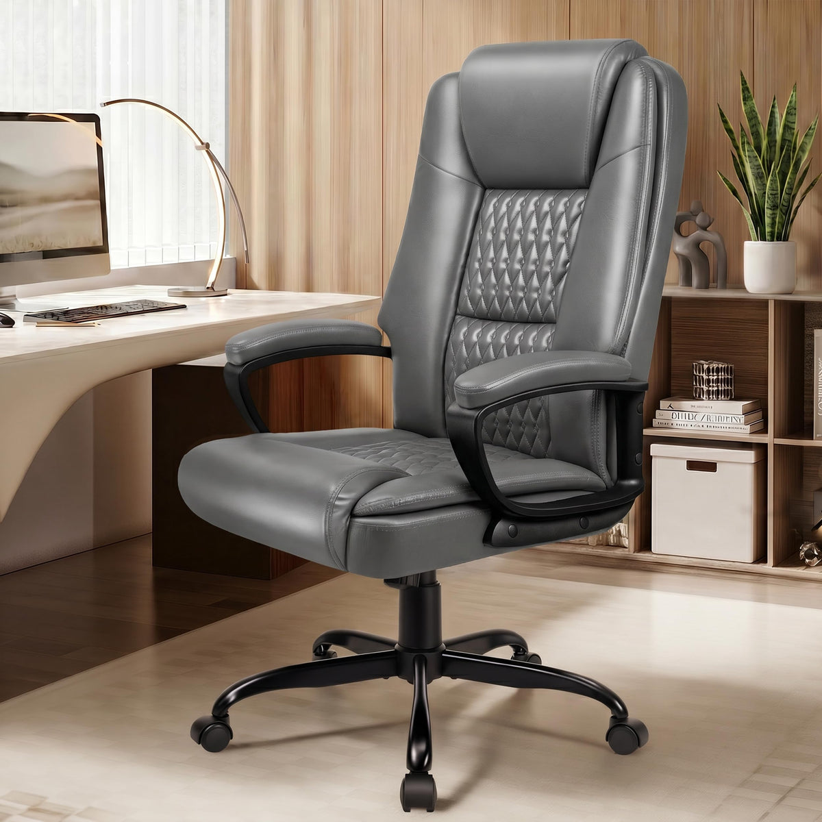 Office Chair, High Back Ergonomic Home Office Desk Chairs with Lumbar Support, Adjustable Big and Tall Computer Chair, 360° Swivel, PU Leather, Brown