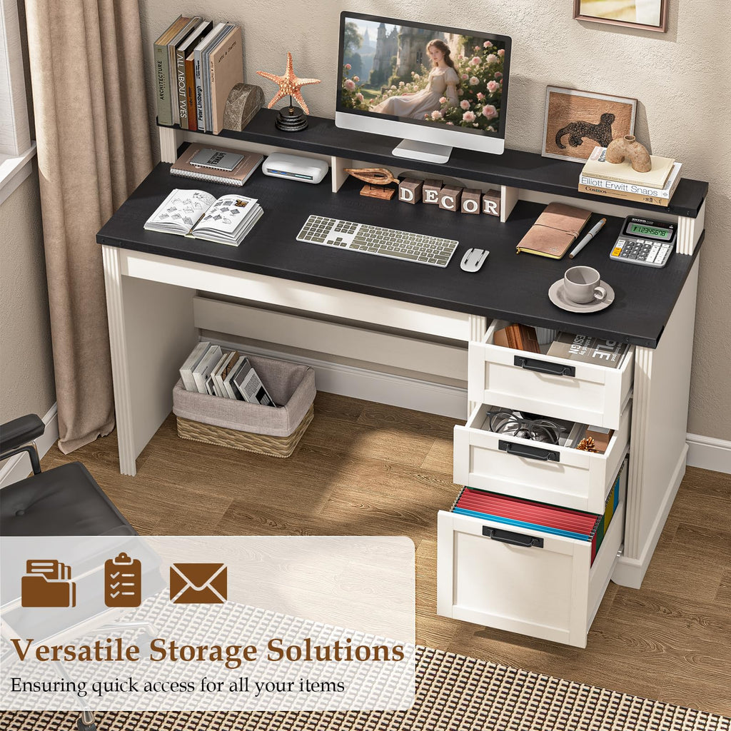 Vabches 51" Executive Desk Farmhouse Home Office Desk with Charging Station, LED Light, File Drawer, Storage Cabinet, Monitor Stand, Wood Computer Desk with Hutch for Work Study Writing (White)