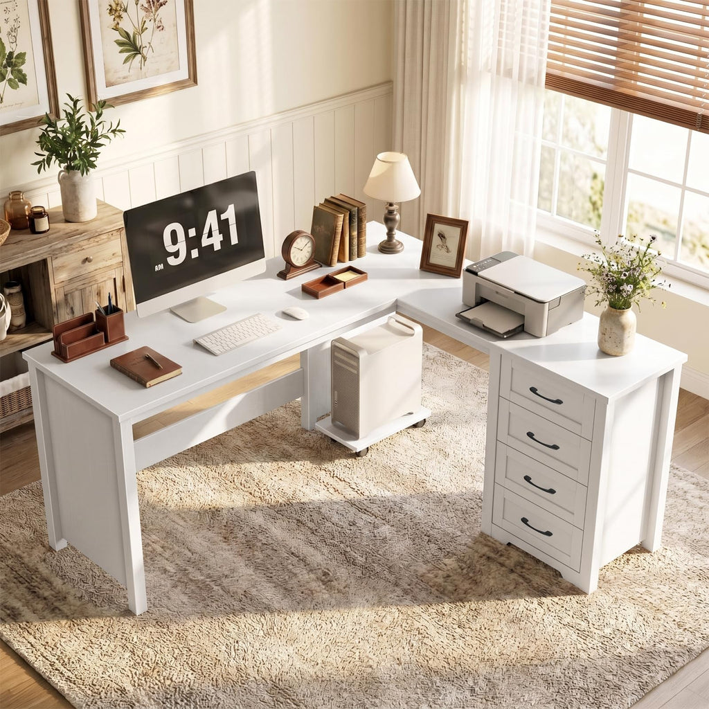 Vabches: 61" Farmhouse L-Shaped Student Study Desk with Drawers & Mobile CPU Mount