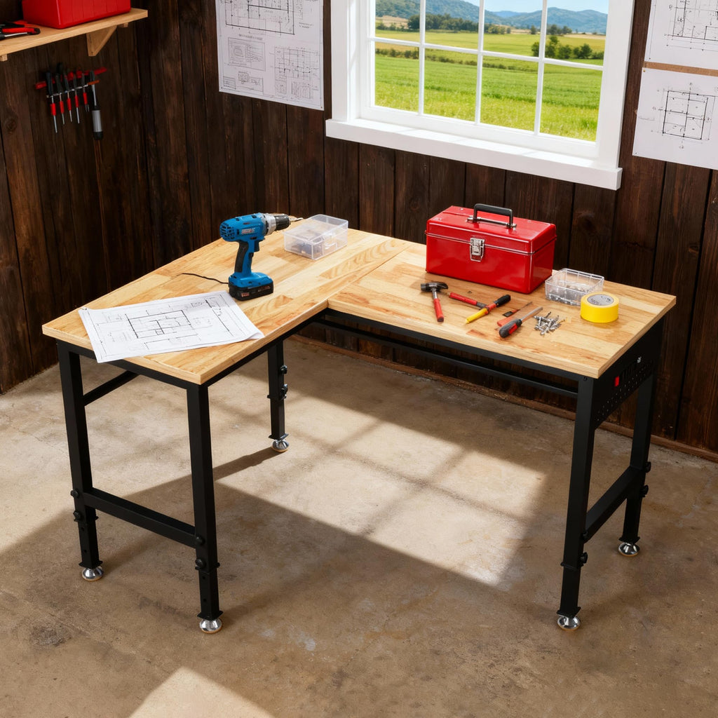Betterhood 48" Heavy-Duty Adjustable Workbench for Garage, Rubber Wood Shop Table W/Metal Wheels, Hardwood Workstation Weight Capacity Over 2000 Lbs with Wheels