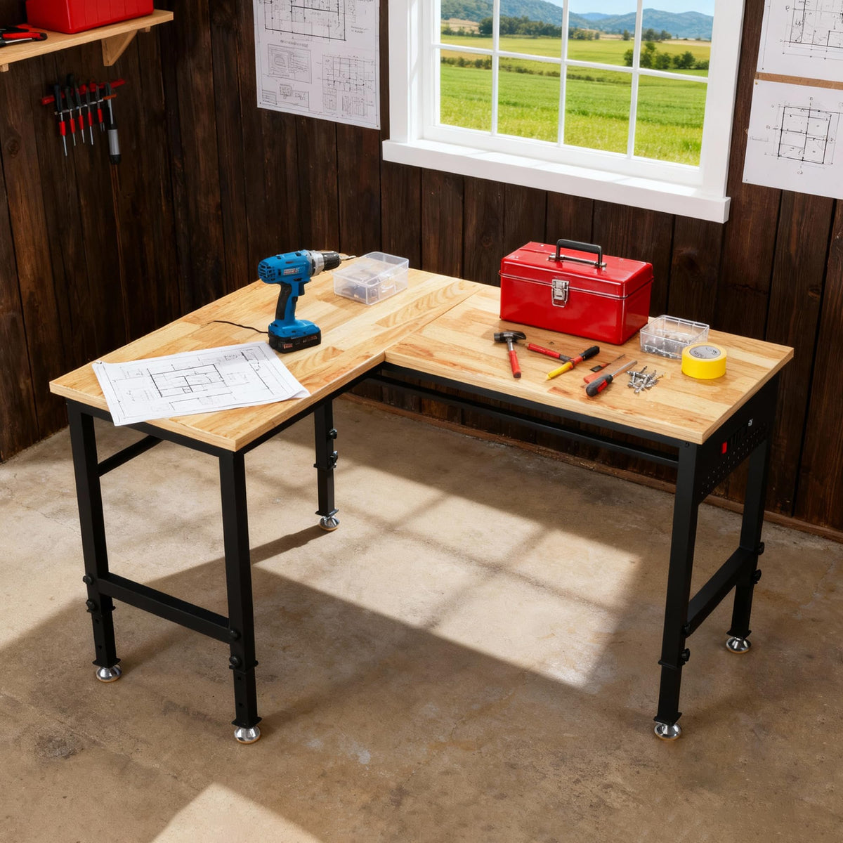 Betterhood 48" Heavy-Duty Adjustable Workbench for Garage, Rubber Wood Shop Table W/Metal Wheels, Hardwood Workstation Weight Capacity Over 2000 Lbs with Wheels