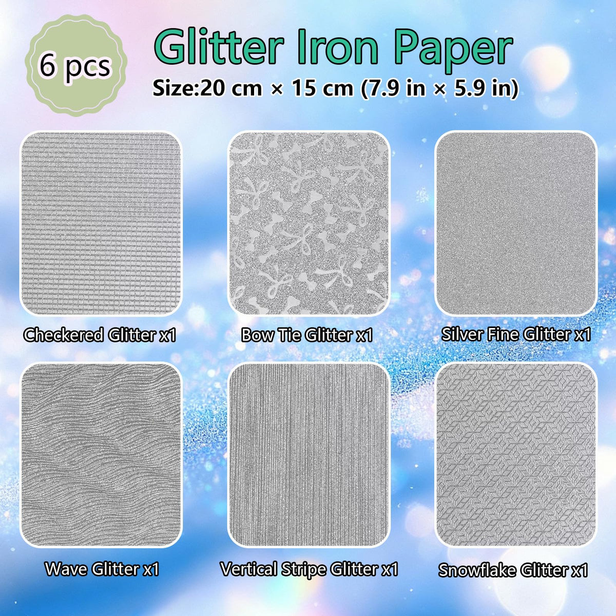 6 Sheets Rainbow Glitter Iron Paper for Perler Beads 7.8x6 Inch