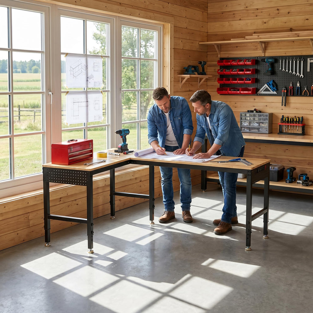 Betterhood 48" Heavy-Duty Adjustable Workbench for Garage, Rubber Wood Shop Table W/Metal Wheels, Hardwood Workstation Weight Capacity Over 2000 Lbs with Wheels