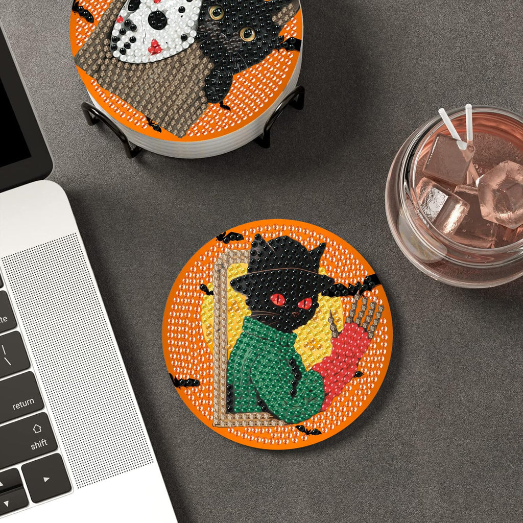 Puraikcmi 8PCs Diamond Paintings Coasters Kits Set, Funny Cat Diamond Art Coasters with Holder, DIY Crafts Diamond Art Kits Adult Craft Diamond Dots Gift