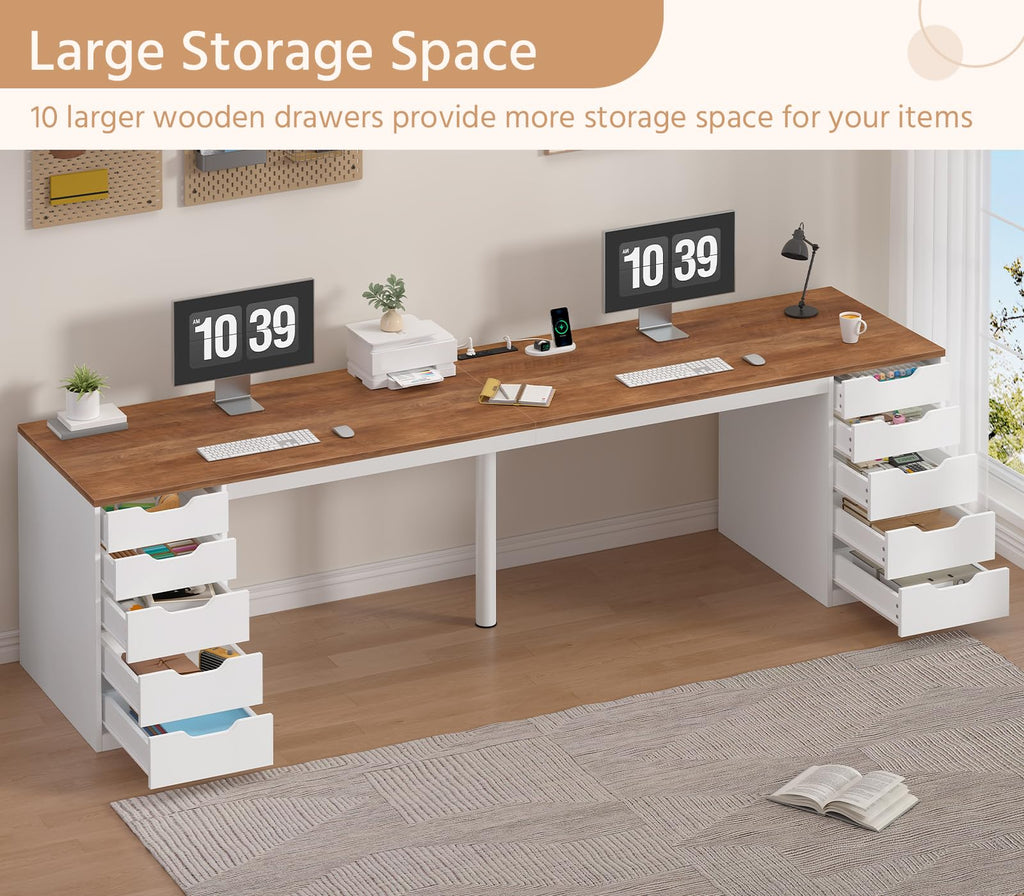 YOMILUVE 95" 2 Person Desk with 10 Drawers & Power Outlets for Home Office