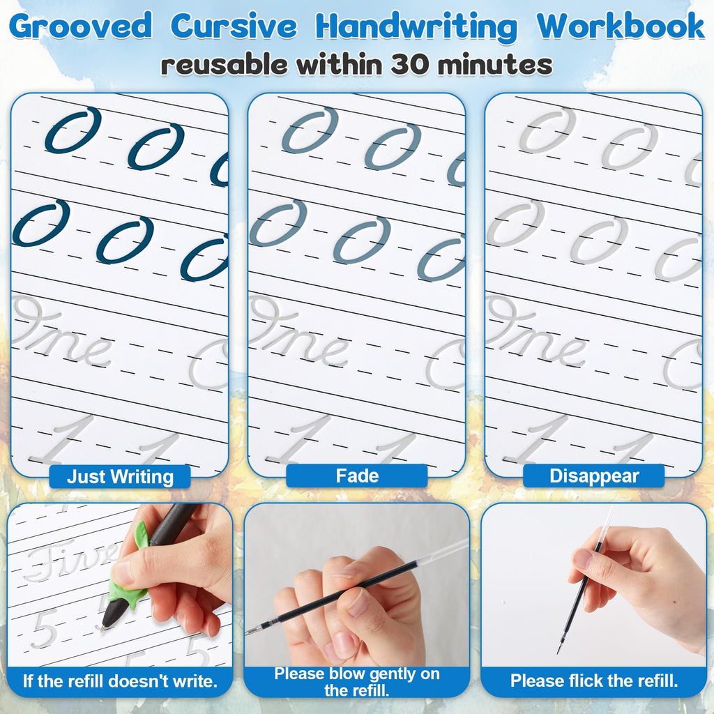 Grooved Cursive Handwriting Workbook Magic Reusable Grooved Cursive Handwriting Practice Guided Tracing with Disappearing Ink Pens for Beginners Kids Learning Activities Supplies (Letters)