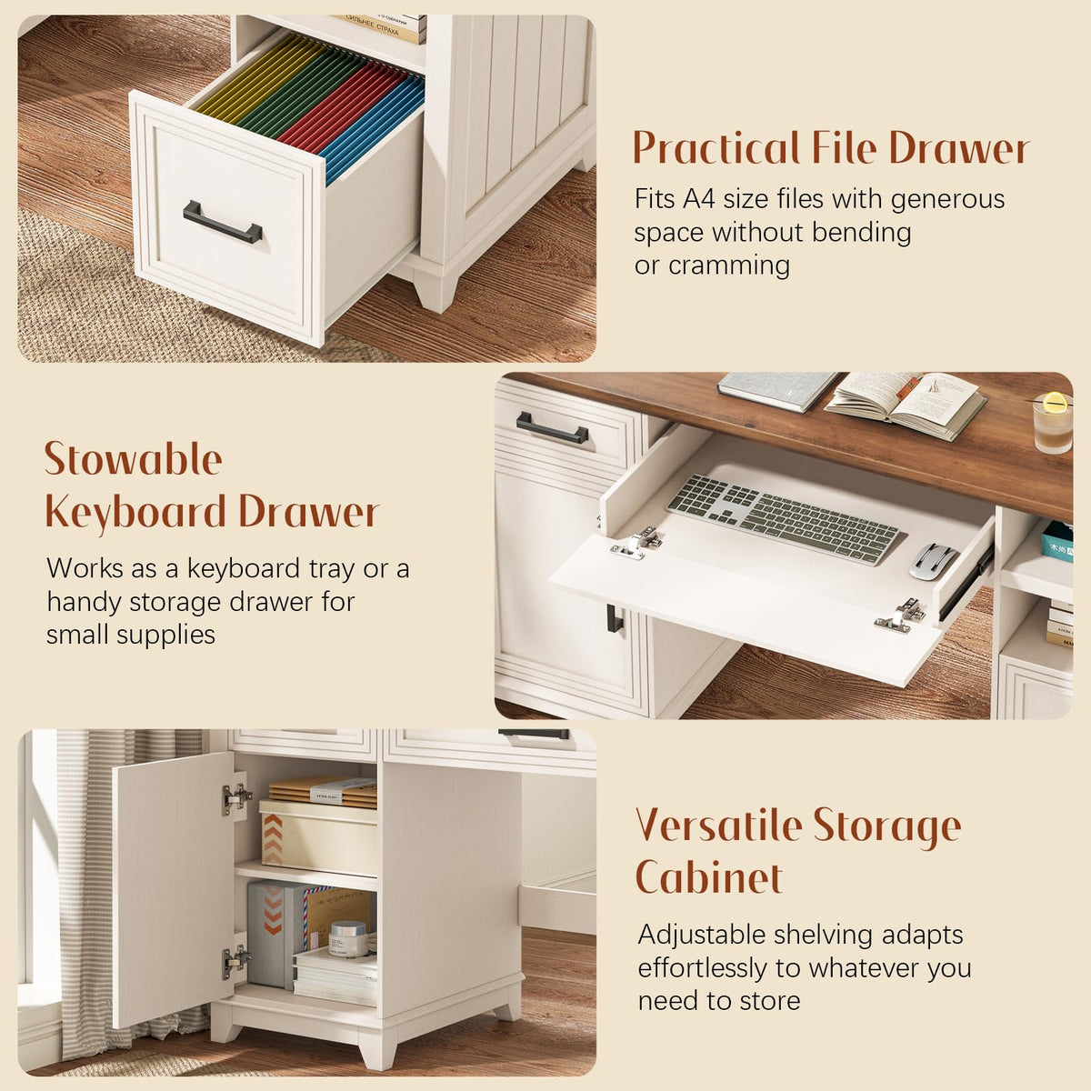 Vabches 51" Executive Desk Farmhouse Home Office Desk with Charging Station, LED Light, File Drawer, Storage Cabinet, Monitor Stand, Wood Computer Desk with Hutch for Work Study Writing (White)