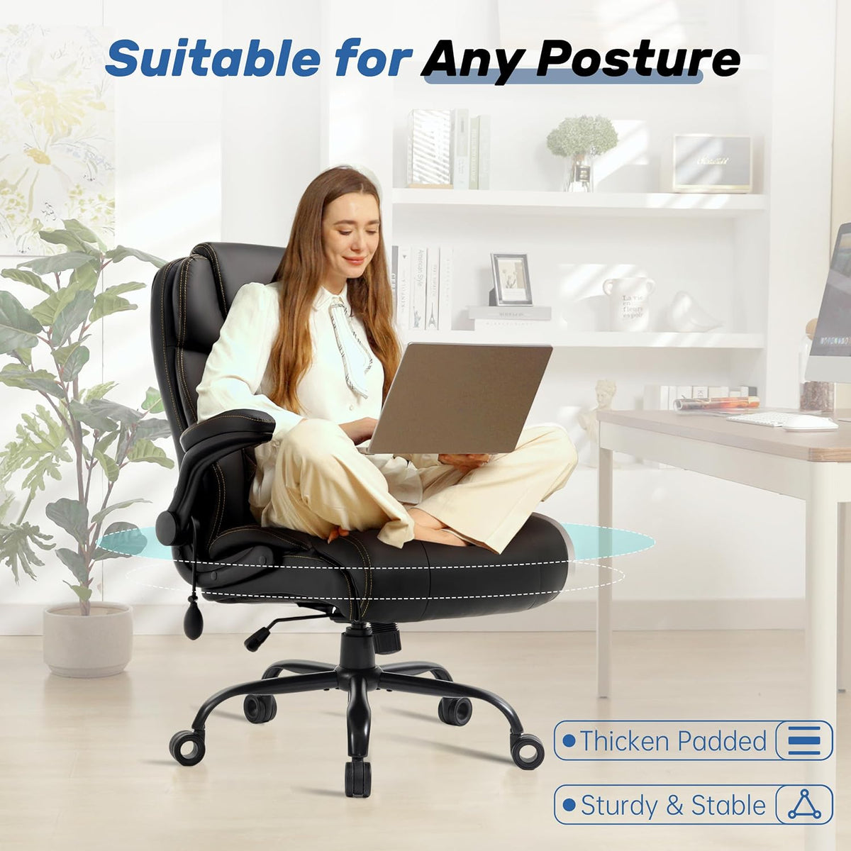 550LBS Big and Tall Office Chair, Comfy Heavy Duty Executive Chair with Adjustable Lumbar Support Double Spaces Casters, PU Leather Extra Wide Seat Ergonomic Computer Desk Chair for Back Pain, Black