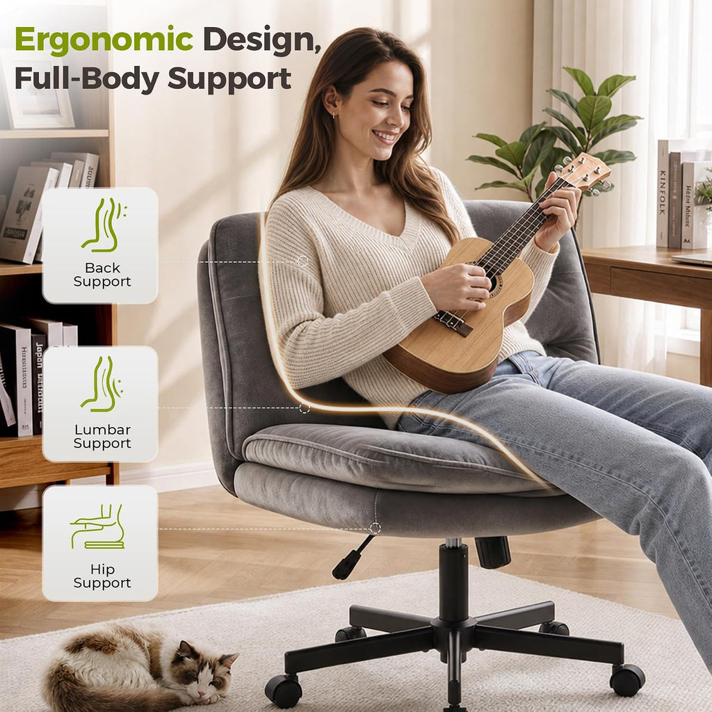 GTPLAYER Cross Legged Office Chair, Armless Desk Chair Cute Vanity Chair with Wheels Computer Chair Comfy Wide Office Chair Adjustable Swivel for Home Computer Task,Soft Velvet, Dark Grey