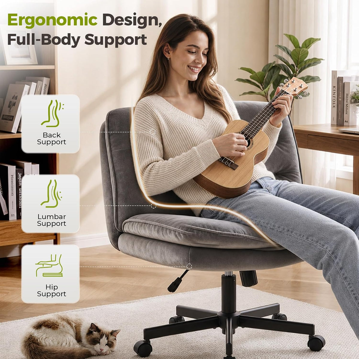 GTPLAYER Cross Legged Office Chair, Armless Desk Chair Cute Vanity Chair with Wheels Computer Chair Comfy Wide Office Chair Adjustable Swivel for Home Computer Task,Soft Velvet, Dark Grey