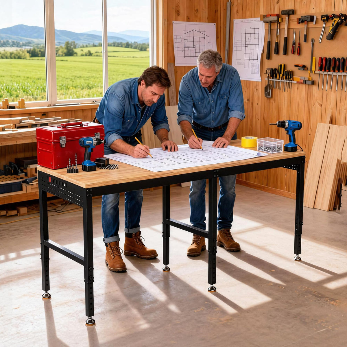Betterhood 48" Heavy-Duty Adjustable Workbench for Garage, Rubber Wood Shop Table W/Metal Wheels, Hardwood Workstation Weight Capacity Over 2000 Lbs with Wheels