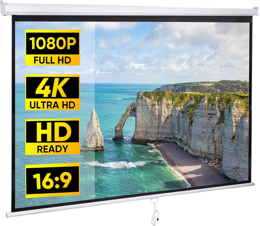 80 Inch Projection Screen, Outdoor Indoor 16:9 HD Foldable Manual Pull Down Projector Screen for Movie Home Backyard Theater Cinema Office Video Game, White