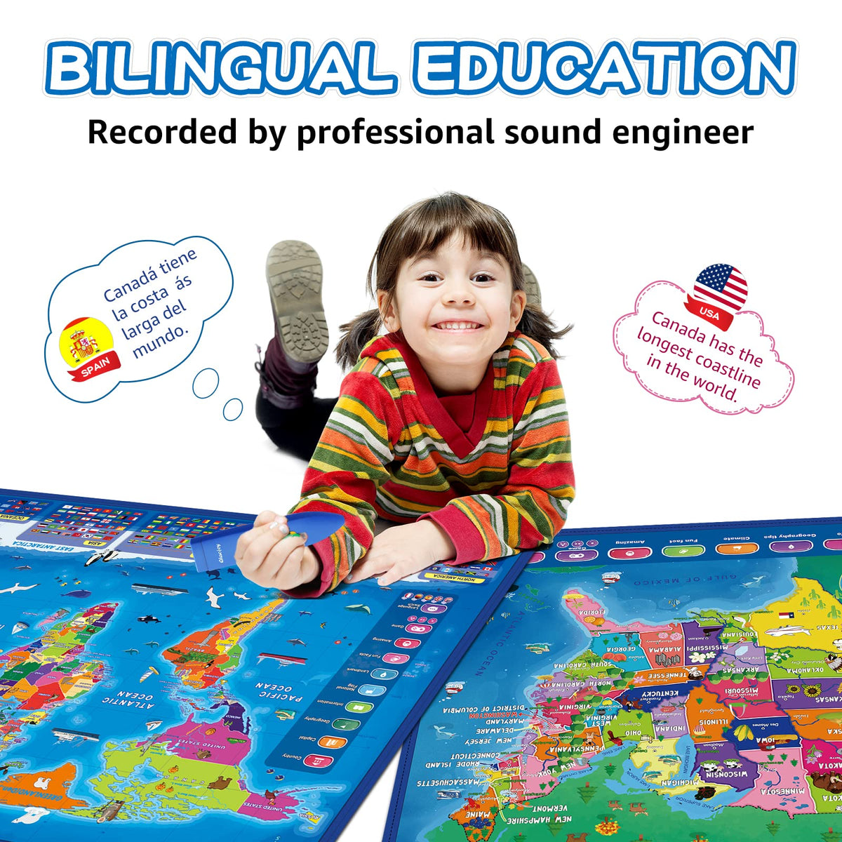 Qiaojoy Bilingual Interactive World Map for Kids Learning Educational Toy