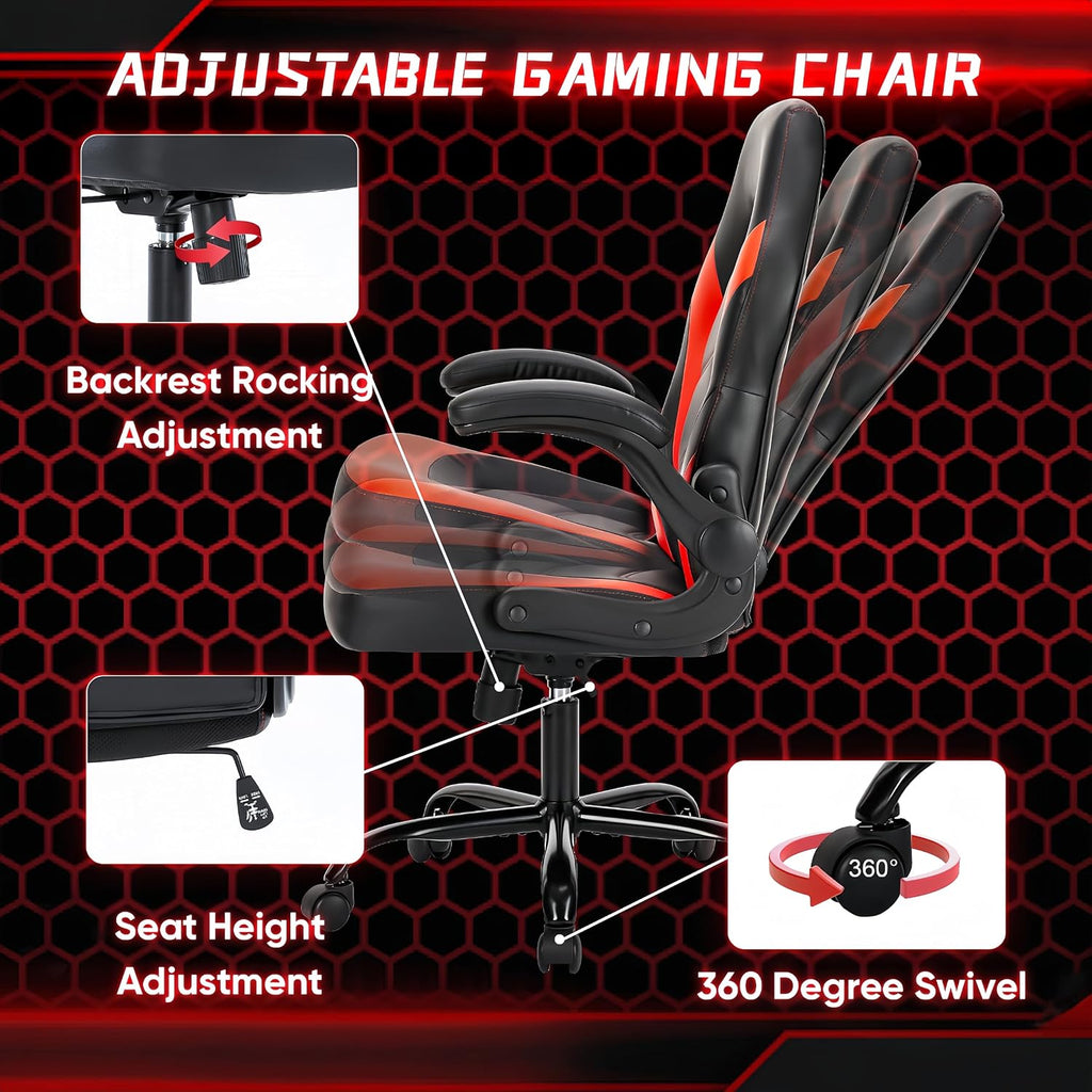 Computer Desk Chair with Lumbar Support, Ergonomic Office Chair with Flip-up Armrests for Adults, Grey,Black+Red (Black+Red)