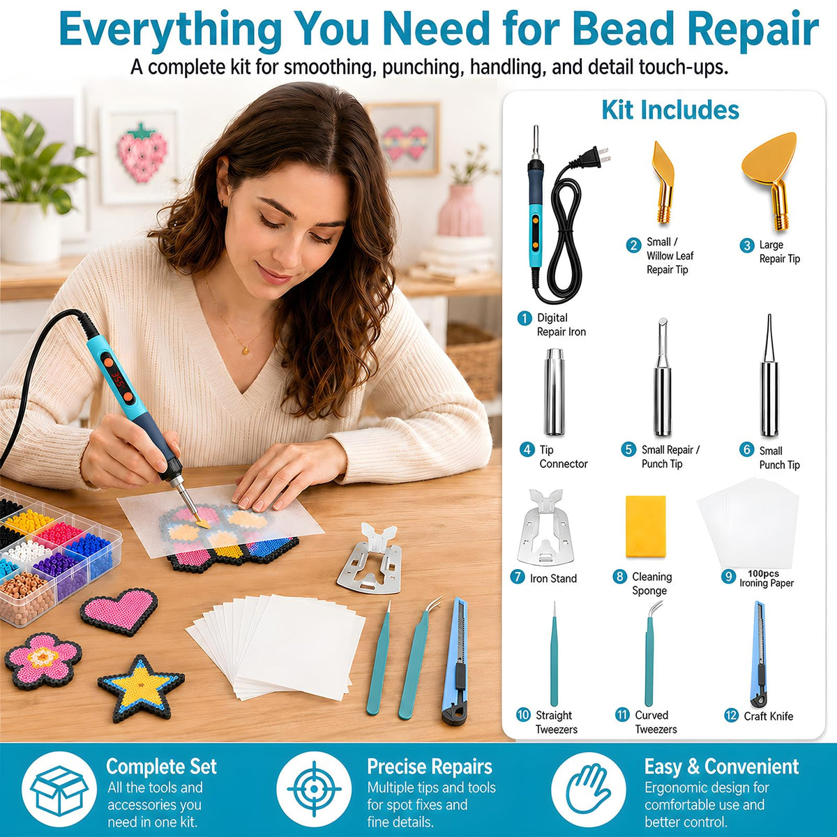 Fuse Bead Repair Iron, Mini Touch-Up Kit for Ironing Beads and Melty Beads, 90W Fast Heating with Precise Temperature Control and Auto Sleep, for Pegboards and DIY Crafts (Pink)
