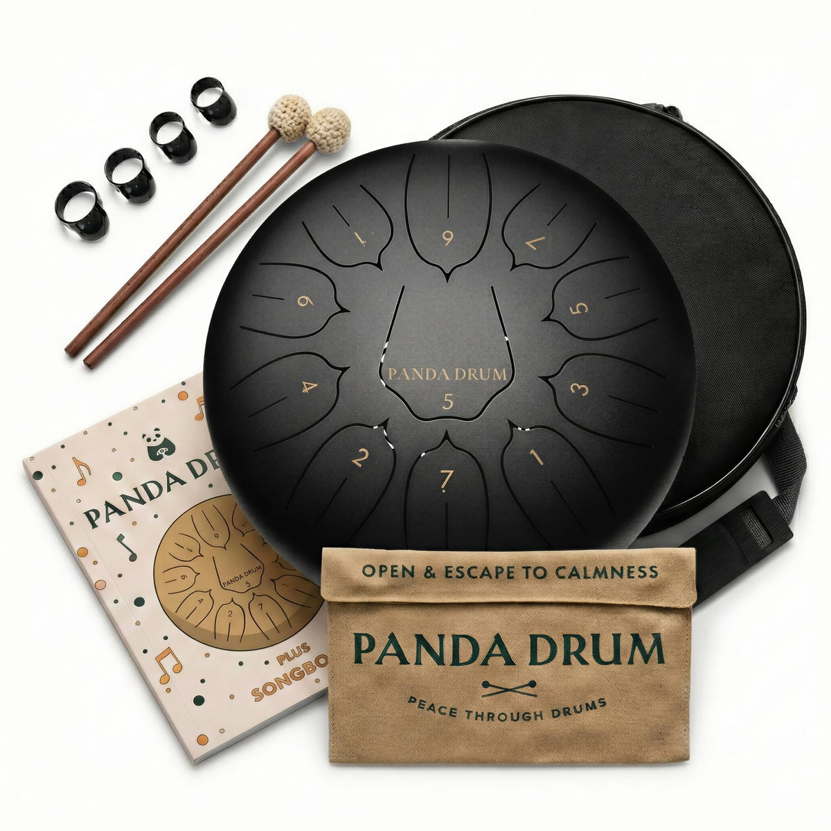 Panda Drum Plus 11" Steel Tongue Drum — Multi-Note Hand Pan with Accessories