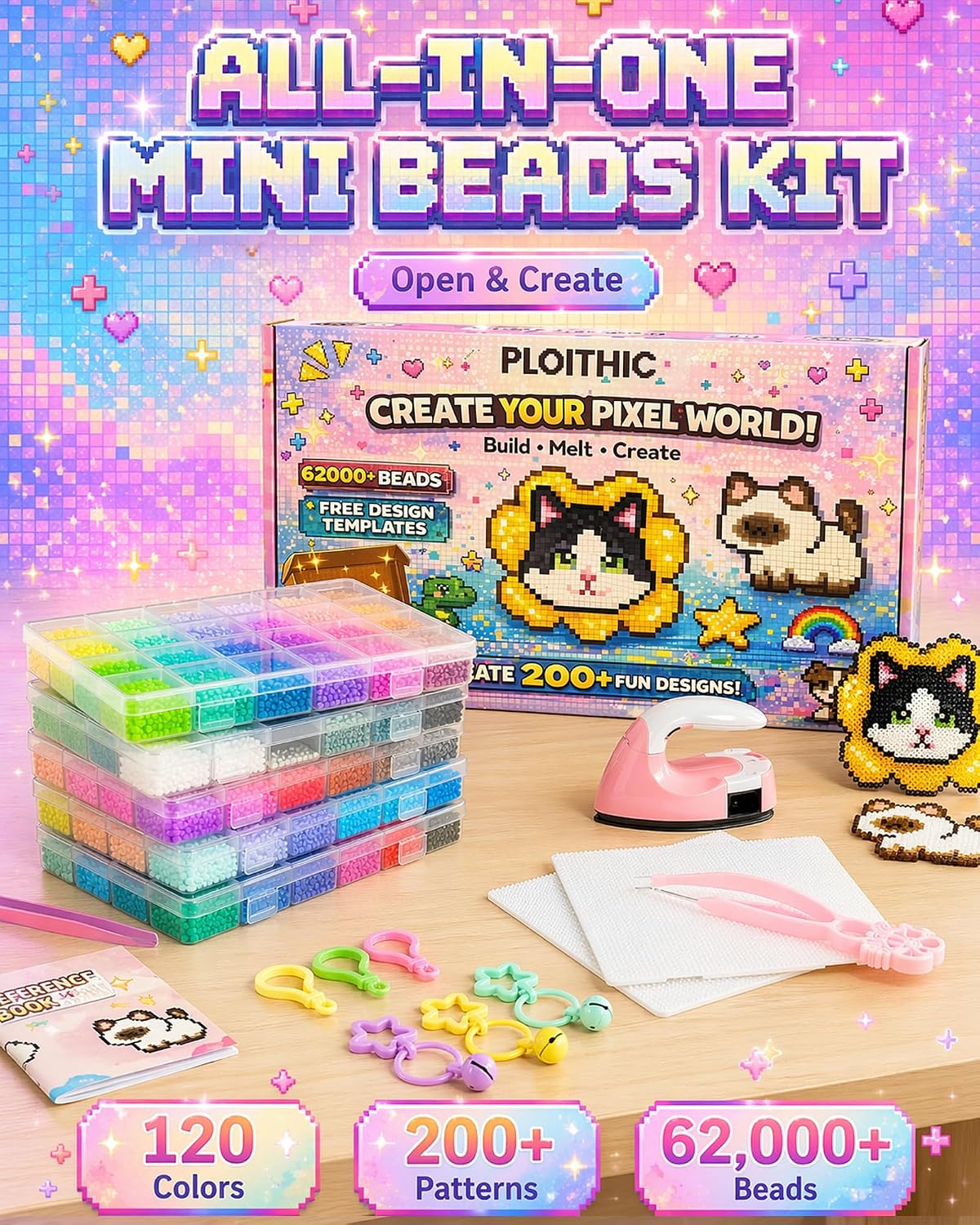2.6mm Mini Fuse Beads Kit, 62,000 PCS, 120 Colors, Mini Iron