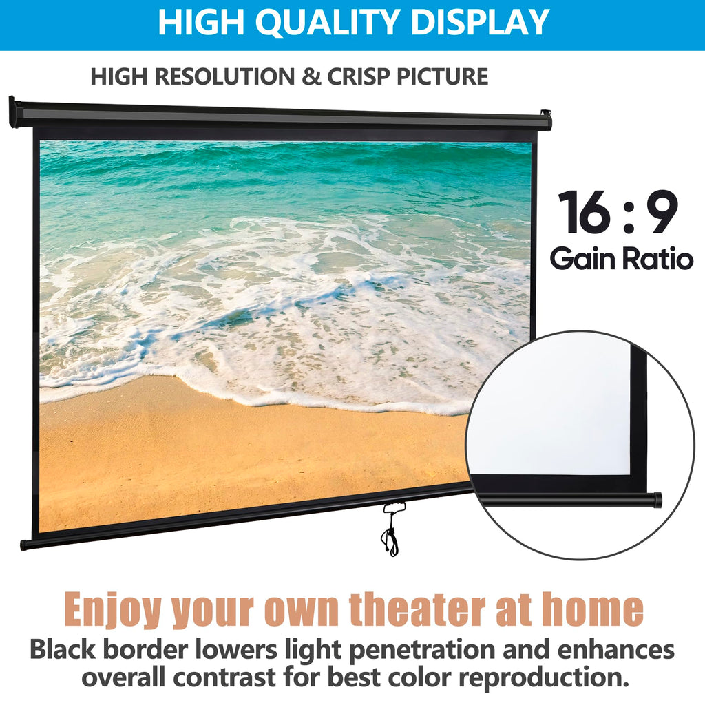80 Inch Projection Screen, Outdoor Indoor 16:9 HD Foldable Manual Pull Down Projector Screen for Movie Home Backyard Theater Cinema Office Video Game, White