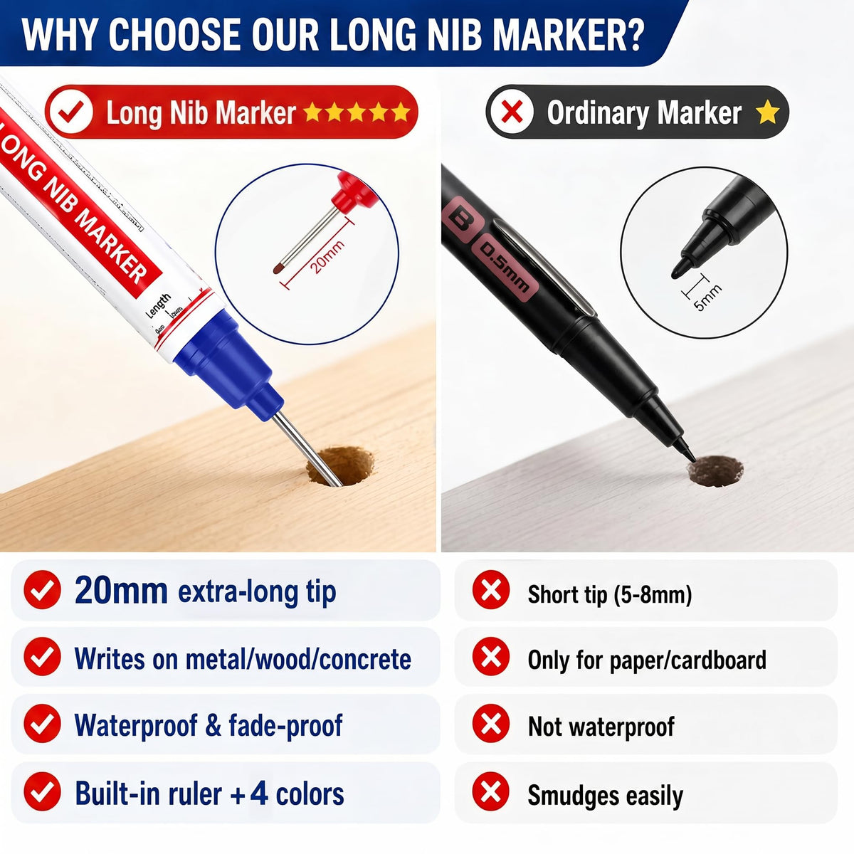 8pcs Long Nib Marker, Long Head Deep Hole Marker Pens, Waterproof Construction Markers Marking Tool, Multi-Purpose Deep Reach Pen Makes For Metal, Carpenter, Woodworking, Gift for Father's Day