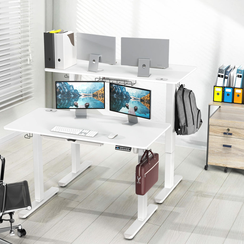 SHW 55 x 28 Electric Height Adjustable Standing Desk w/Drawer, White