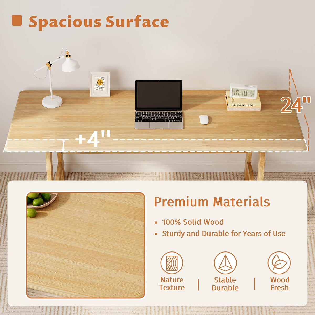 IOTXY Solid Wood Writing Table - 60" W Minimalist PC Computer Desk, Oak