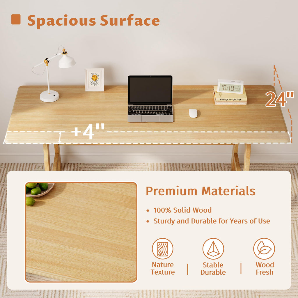 IOTXY Solid Wood Writing Table - 60" W Minimalist PC Computer Desk, Oak